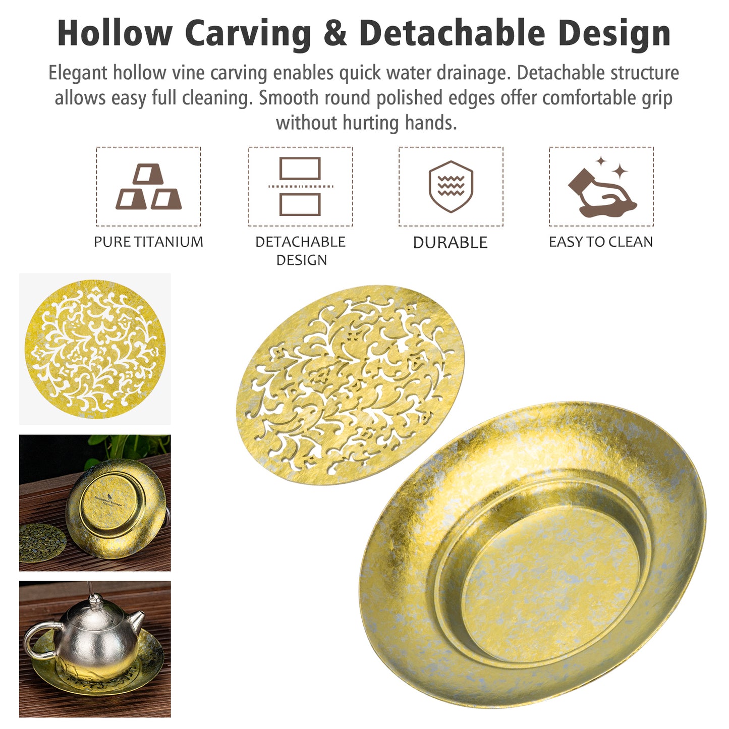 Boundless Voyage Titanium Tea Tray, Hollow Out Detachable Heat Insulation Anti-scald, Multipurpose Water Storage Drain Tray for Kung Fu Tea Home Kitchen Office Camping Ti3201D