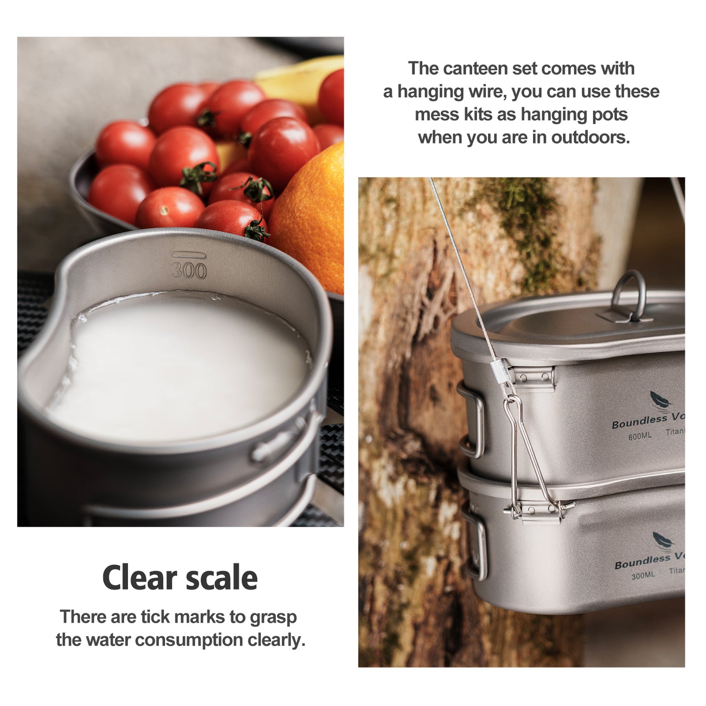 300ml + 600ml Titanium Camping Cookware Set - Kidney-Shaped Canteen Cups with Lid & Hanging Chain - Ultralight Mess Kit 2046c