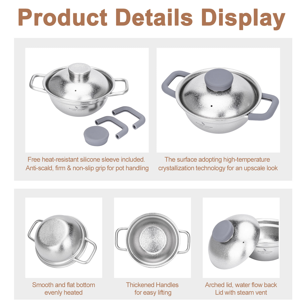 Product details display of Boundless Voyage 1.2L titanium pot highlighting silicone grips crystalline lid and steam vent