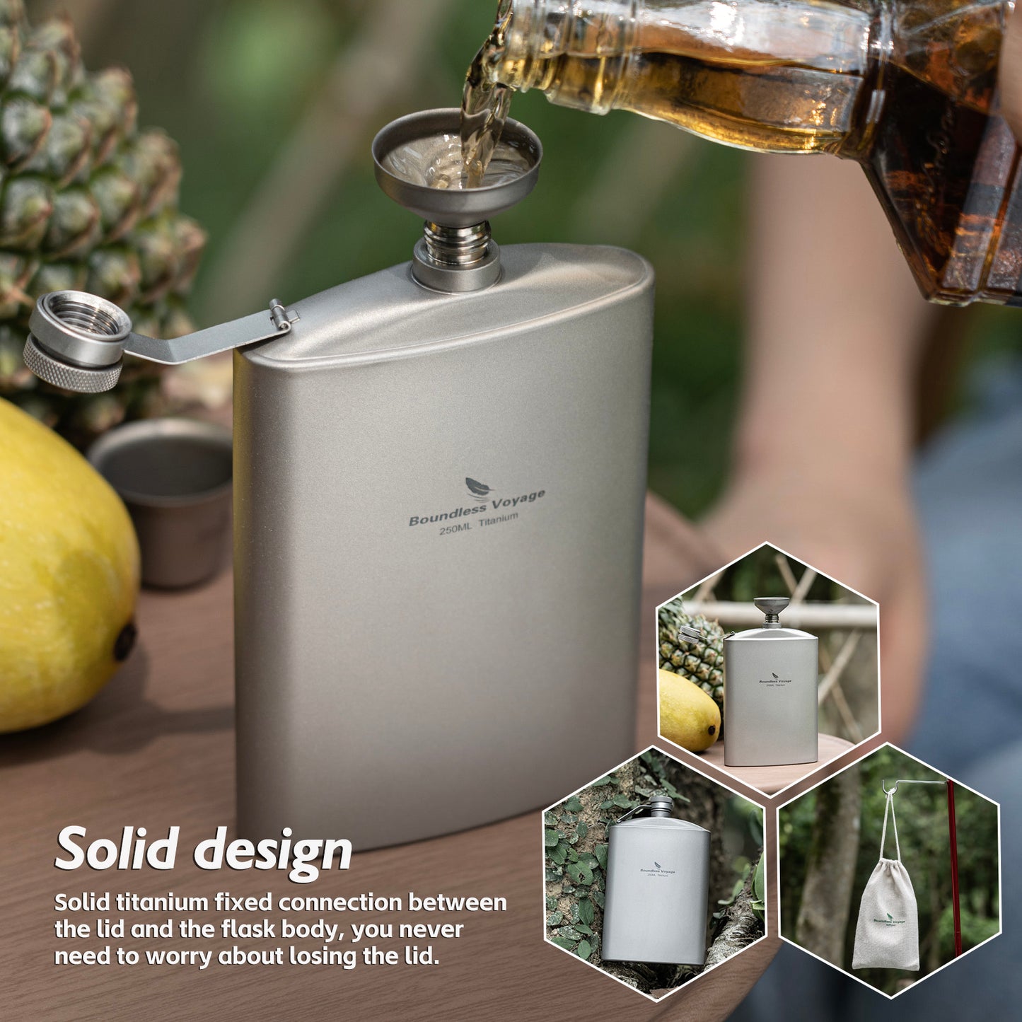 Boundless Voyage Titanium Ultralight Hip Flask 250ml Portable Wine Bottle with Funnel Camping Picnic Pocket Whiskey Alcohol Drinkware Accessories Ti3063D-Ti3064D