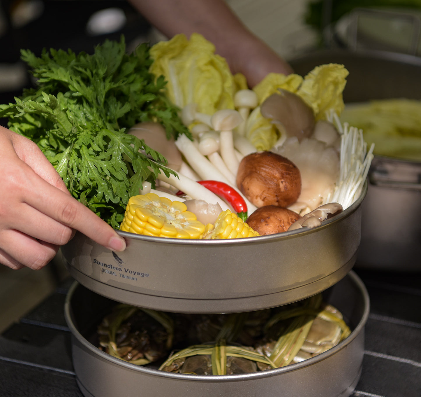 Boundless Voyage Titanium Food Steamer Pan & Stock Soup Pot, Portable Hanging Hot Pot Kitchenware for Outdoor Camping Picnic Travel Household Cooking Ti2112C- Ti2114C