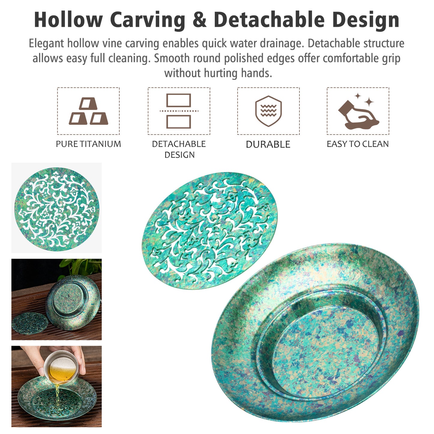 Boundless Voyage Titanium Tea Tray, Hollow Out Detachable Heat Insulation Anti-scald, Multipurpose Water Storage Drain Tray for Kung Fu Tea Home Kitchen Office Camping Ti3201D