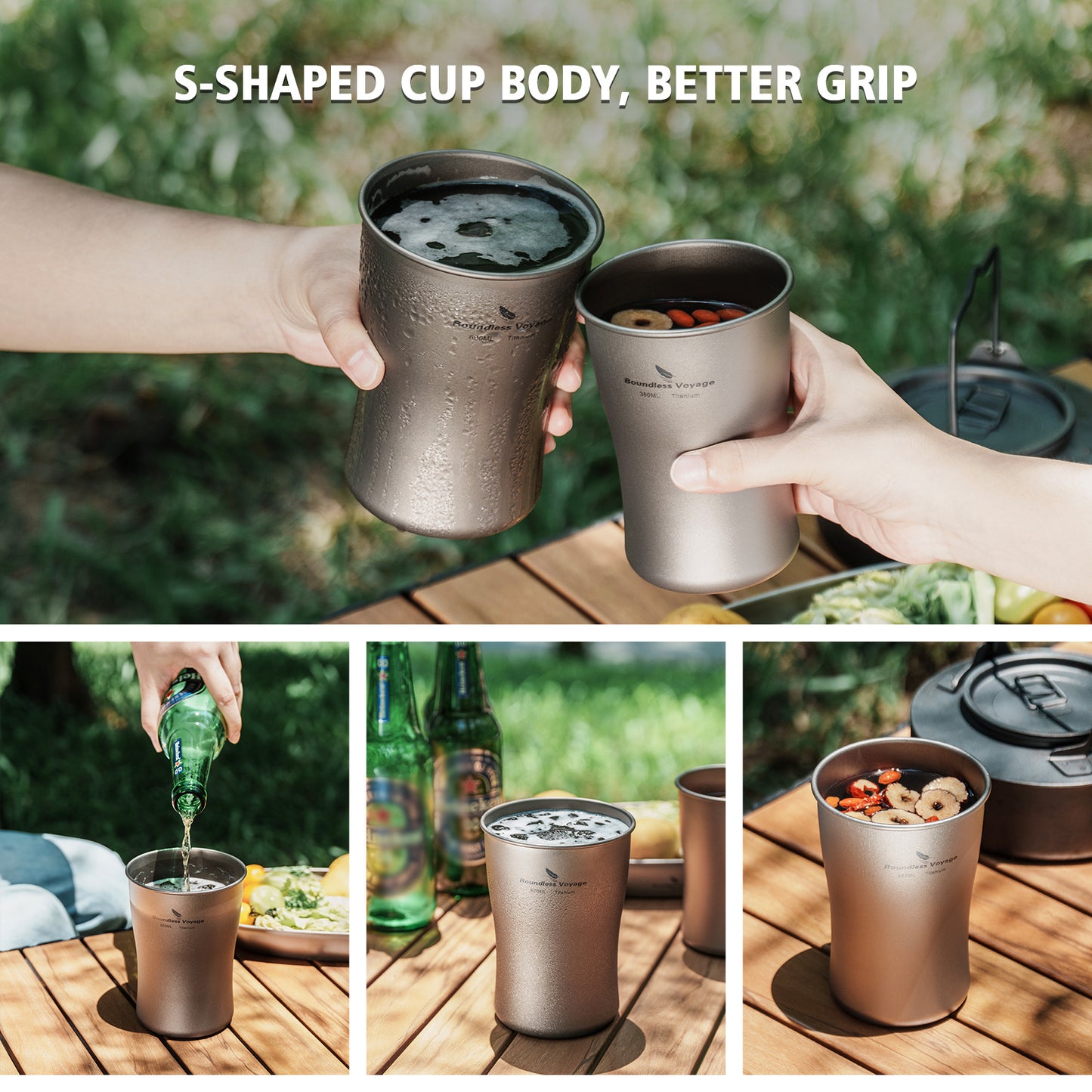 Boundless Voyage 240ml/380ml/600ml Pure Titanium Beer Mug | Ultralight Coffee & Juice Tea Cup for Outdoor Camping & Picnic Ti3231D-Ti3234D