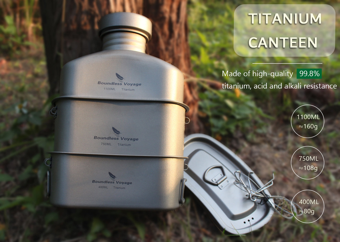 Boundless Voyage Titanium Military Canteen Cups Set Outdoor Camping Water Bottle Bowl Kettle Cooking Set Mess Kit Ti2047C-Ti2049C