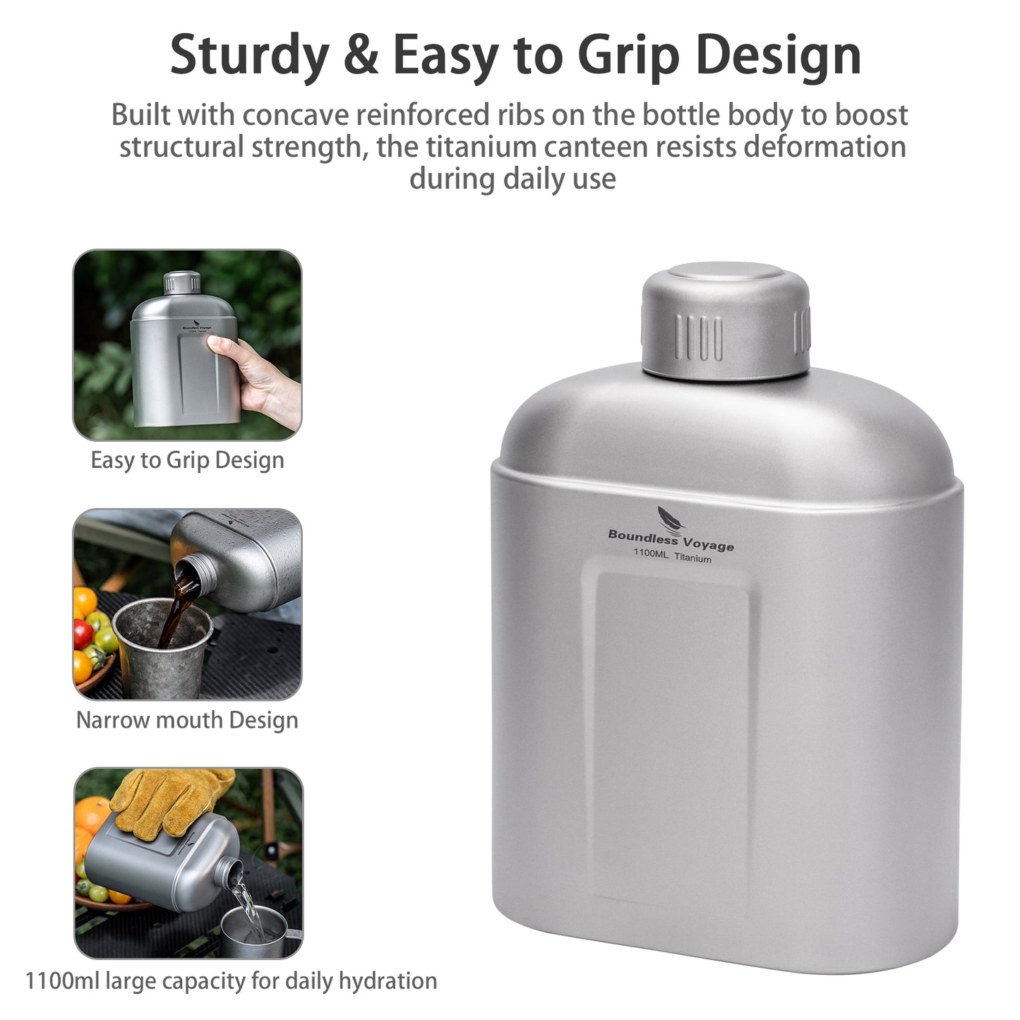 Boundless Voyage 1100ml TA1 Pure Titanium Canteen Bottle | Single Layer Open Flame Heatable Water Flask, Leakproof Double Wall Lid Military Outdoor Bottle with Crossbody Sleeve Ti3012D