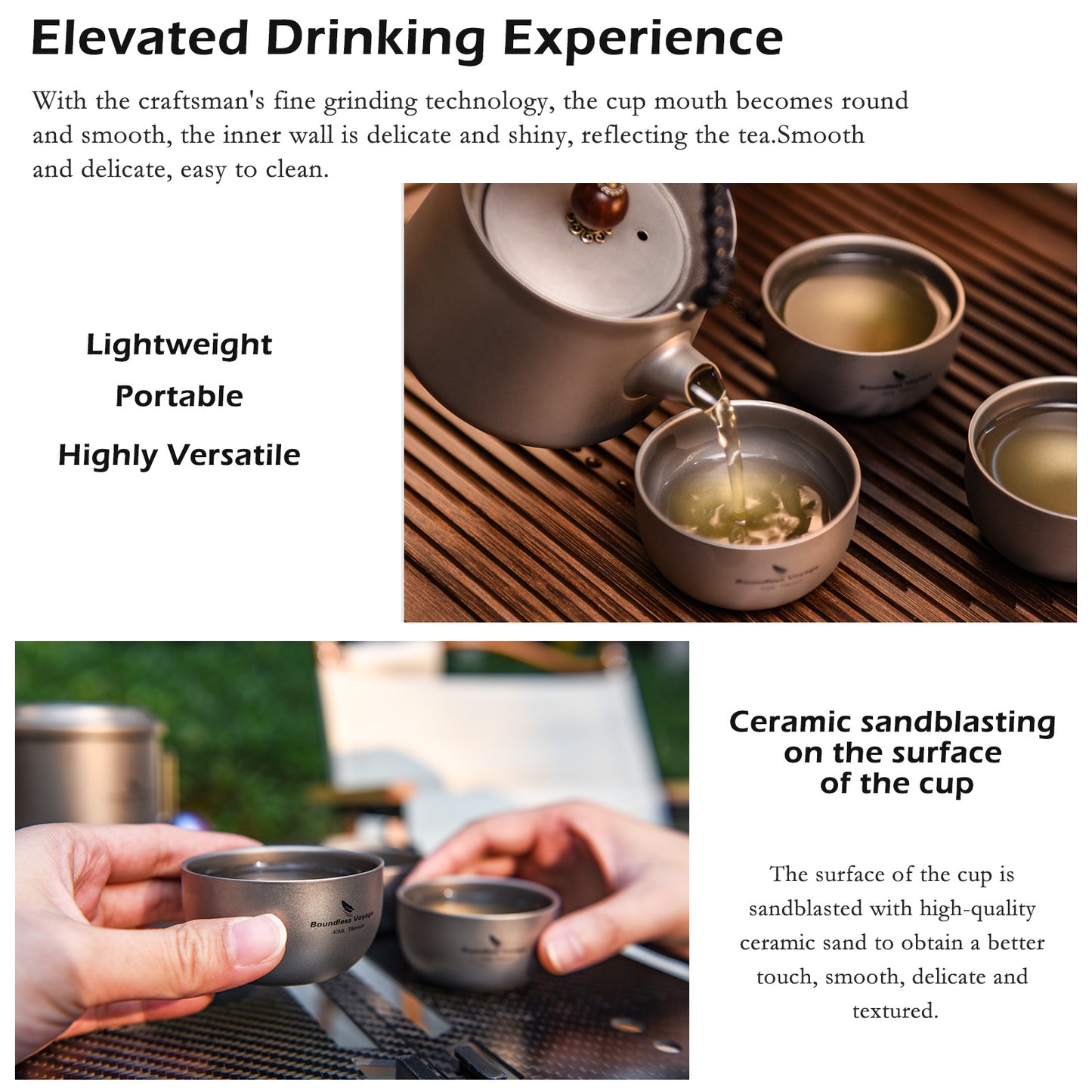 Boundless Voyage 40ml Sandblasted Matte Finish Double-Wall Titanium Sake Cup & Kung Fu Tea Cup, Portable Mini Mug for Camping, Picnic & Daily Home Use Ti3204D