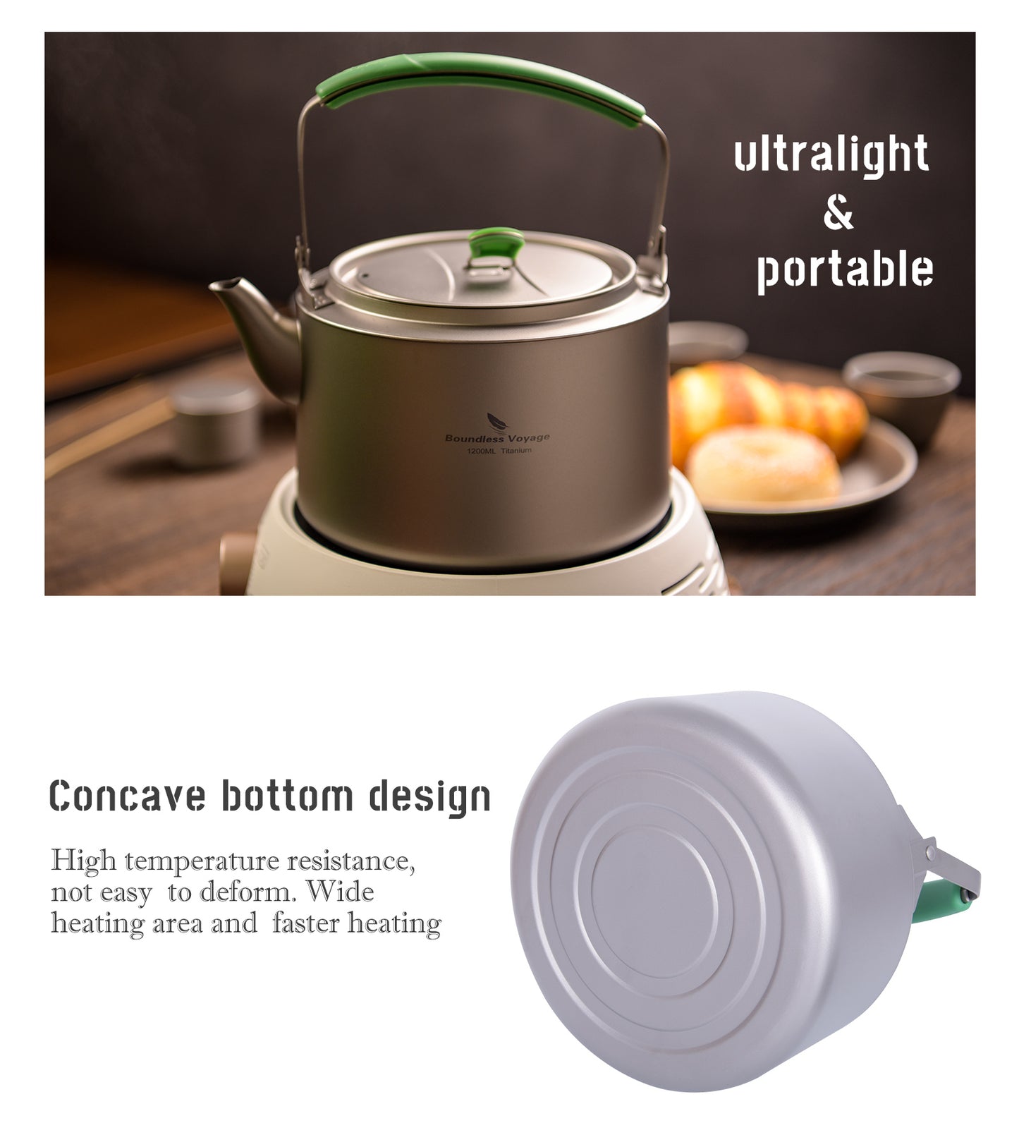 Boundless Voyage 800ml / 1200ml Single-Layer Pure Titanium Kettle with Foldable Handle & Filter, Large Capacity Camping Teapot Ti3101D/Ti3102D