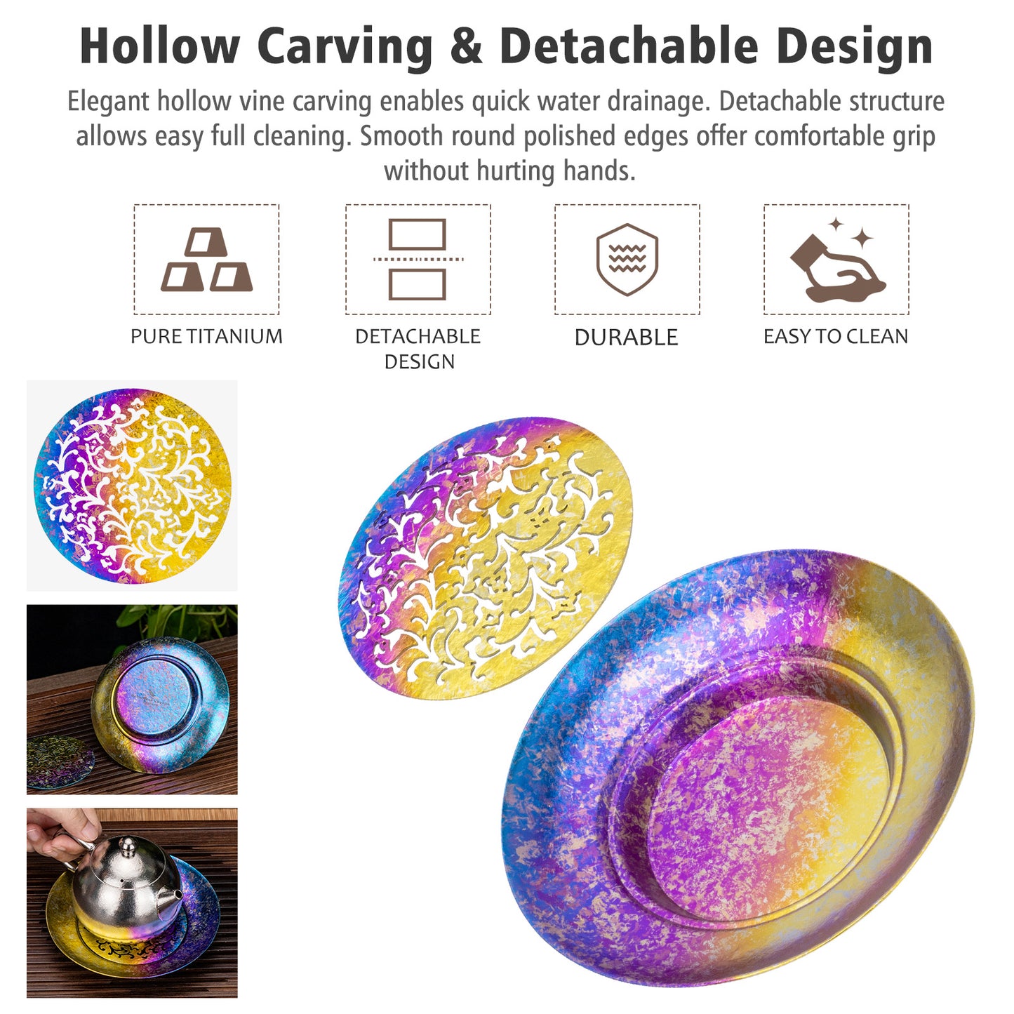 Boundless Voyage Titanium Tea Tray, Hollow Out Detachable Heat Insulation Anti-scald, Multipurpose Water Storage Drain Tray for Kung Fu Tea Home Kitchen Office Camping Ti3201D