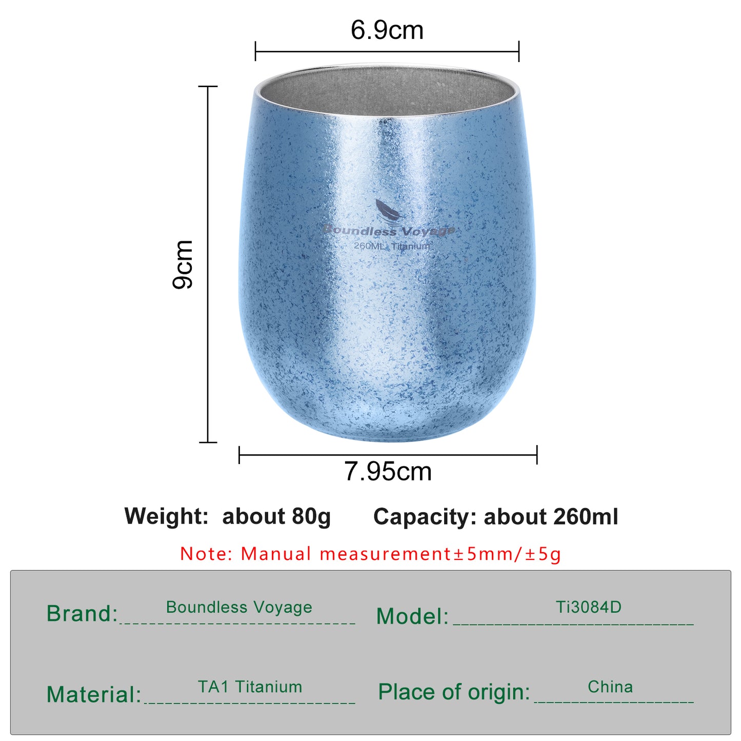 Boundless Voyage 260ML Titanium Double-Walled Egg Shaped Cup, Ice Crystal High-Temp Crystalline Texture Insulated Tea Coffee Mug, Ultralight Portable Drinkware for Camping, Travel & Daily Home Use Ti3084D