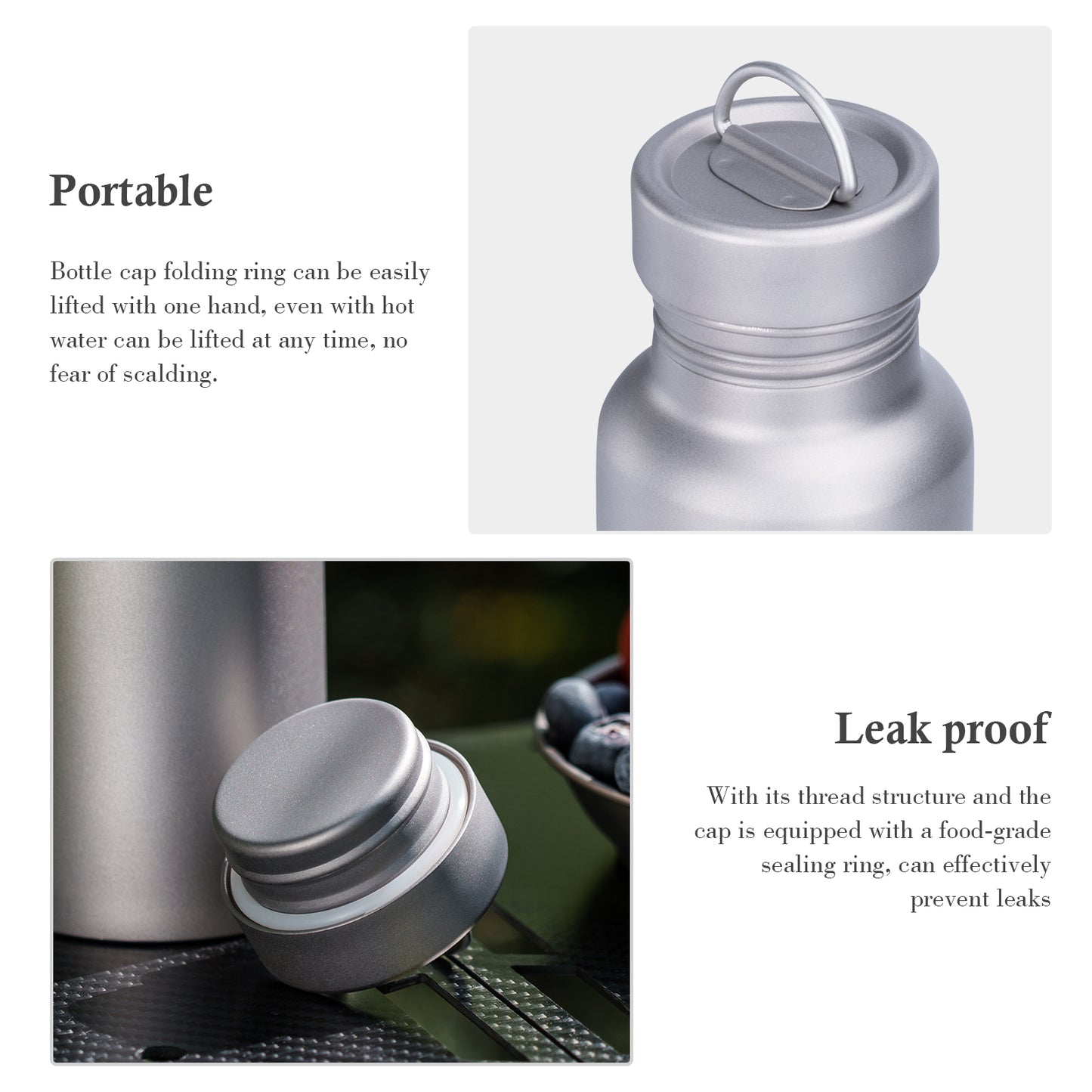 Boundless Voyage Titanium Sport Bottle 800ml with Leakproof Lid & Hook Camping Cycling Drinking Wide Mouth Single Layer Bottle Outdoor Travel Water Flask Pot Ultra-light 172g Ti3003D