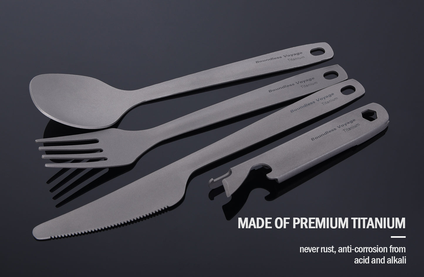 Boundless Voyage Utility Titanium Cutlery Set, Spoon Fork Knife with Built-In Bottle Opener, Portable Travel Camping Tableware with Easy Storage Cloth Case Ti1066T