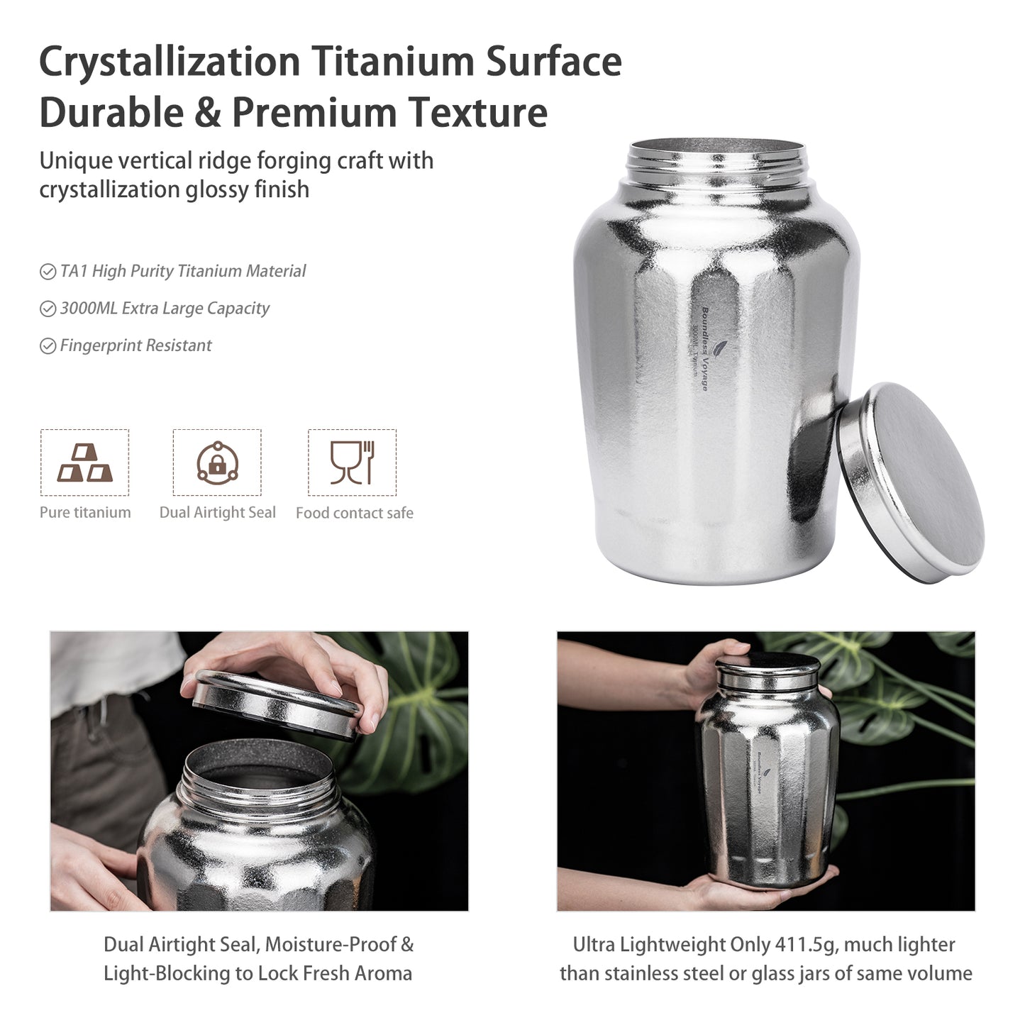 Boundless Voyage 3000ML Pure Titanium Airtight Storage Canister, Large Capacity Sealed Tea Coffee Container, Lightweight Food Storage Jar for Grains Nuts, Home & Camping Use Ti3212A