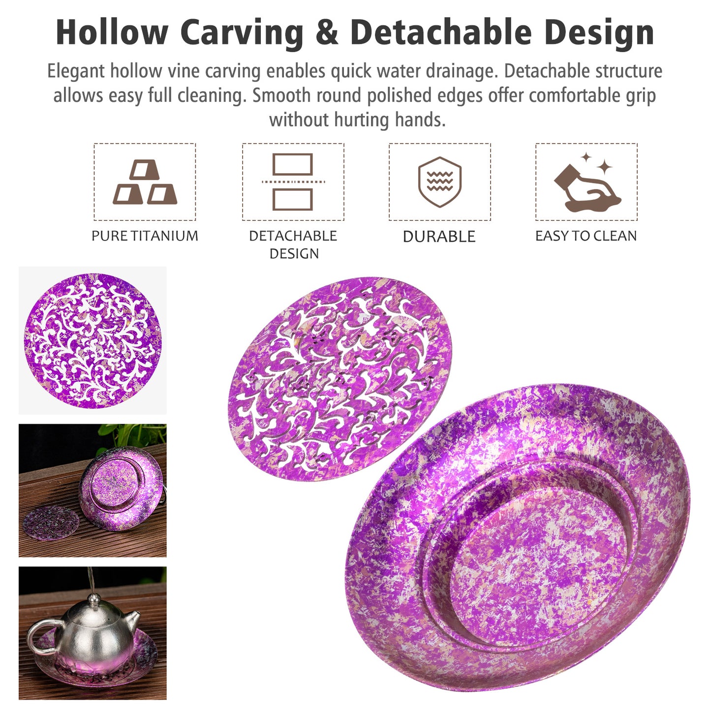 Boundless Voyage Titanium Tea Tray, Hollow Out Detachable Heat Insulation Anti-scald, Multipurpose Water Storage Drain Tray for Kung Fu Tea Home Kitchen Office Camping Ti3201D