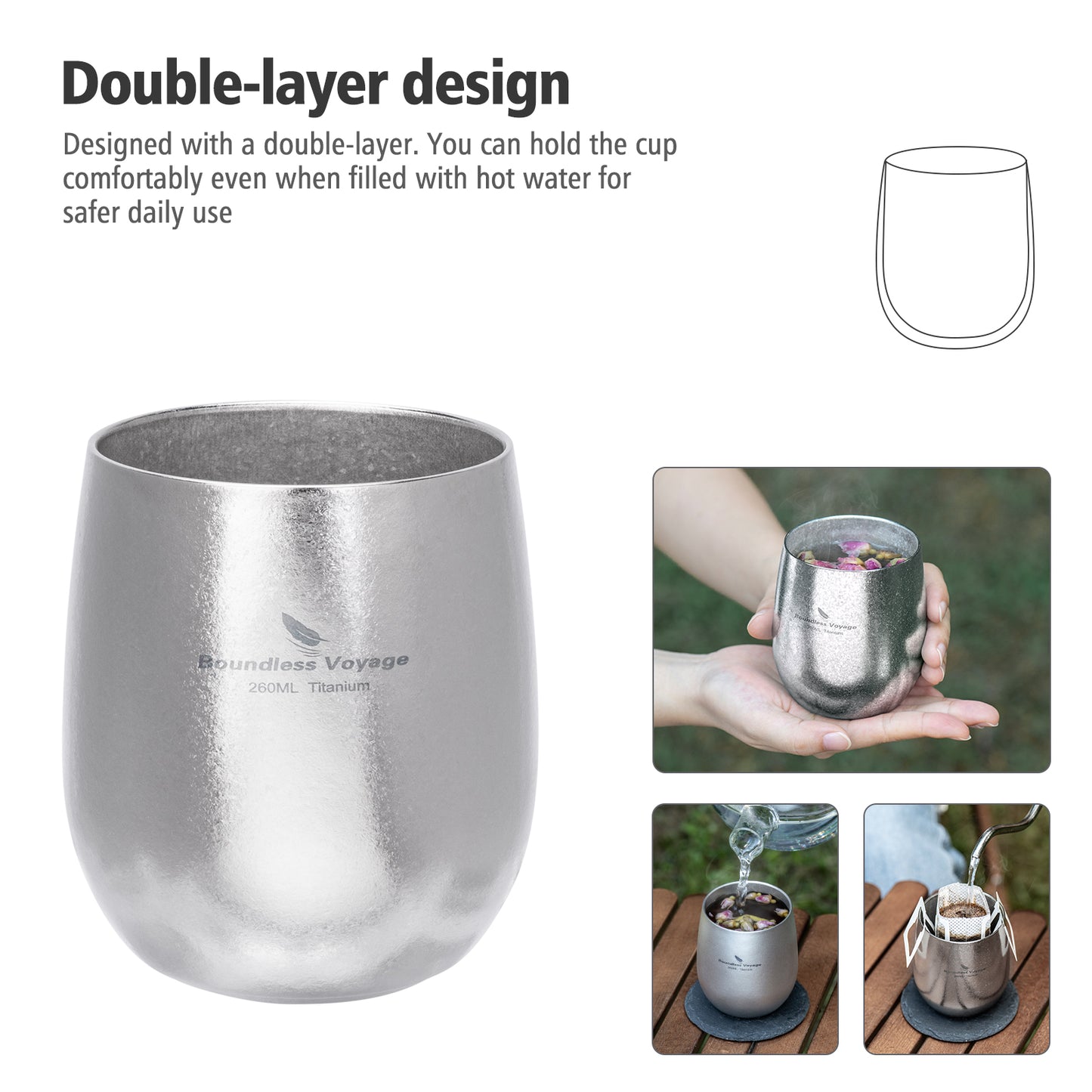 Boundless Voyage 260ML Titanium Double-Walled Egg Shaped Cup, Ice Crystal High-Temp Crystalline Texture Insulated Tea Coffee Mug, Ultralight Portable Drinkware for Camping, Travel & Daily Home Use Ti3084D