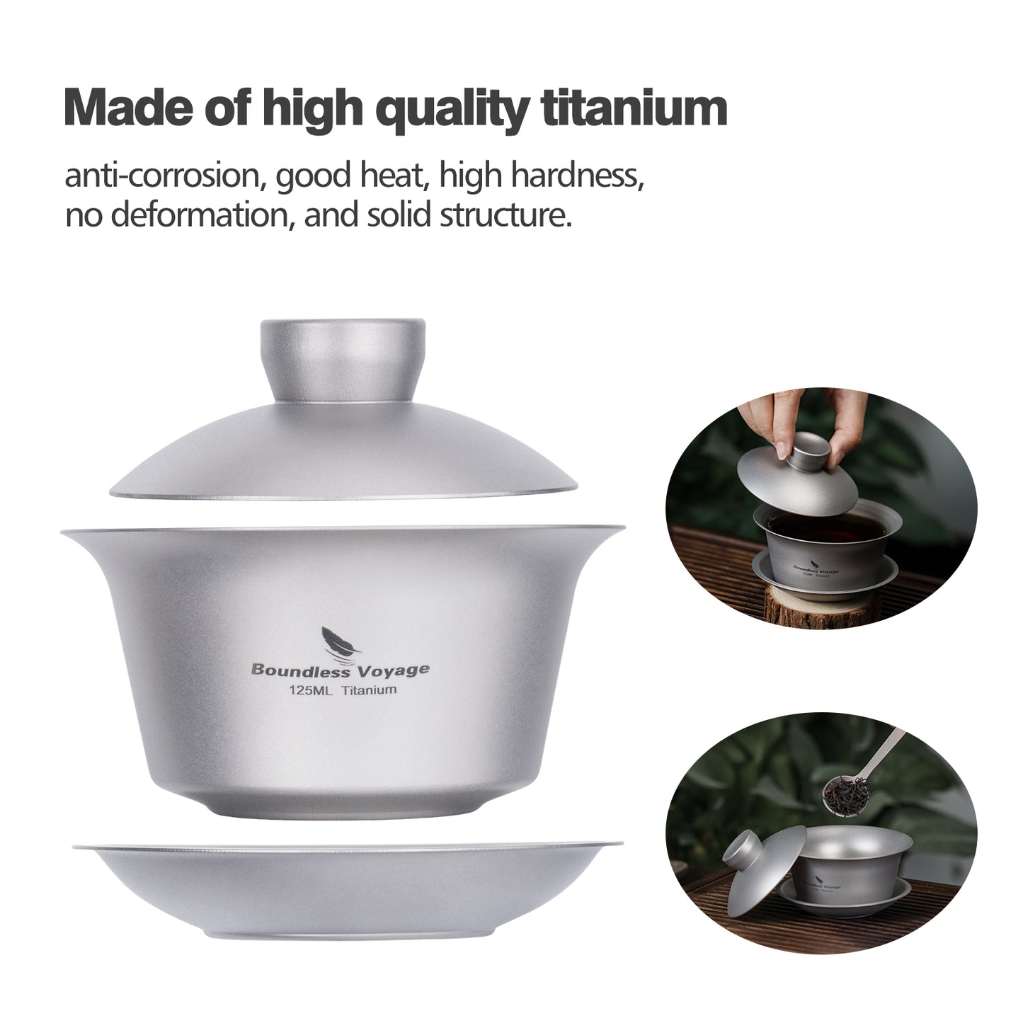 Boundless Voyage 125ml Sandblasted Finish Titanium Double-Walled Teapot, Traditional Chinese Three-Talent Triad Covered Tea Bowl Kung Fu Gaiwan,Anti-Scald Tea Set for Home Tea Ceremony & Camping Ti3142D