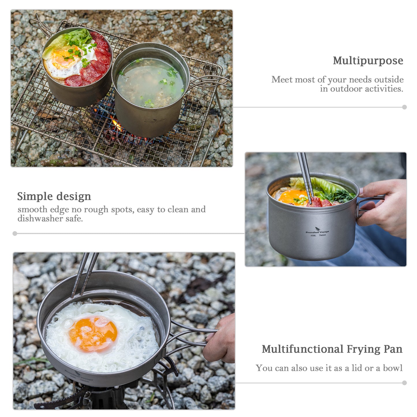 Boundless Voyage Titanium Camping Pots & Pans Set Foldable Handle, 500ml 900ml 1080ml Ultralight Cookware Kit for 1-2 Person Hiking Picnic Ti2034C/Ti2035C/Ti2036C