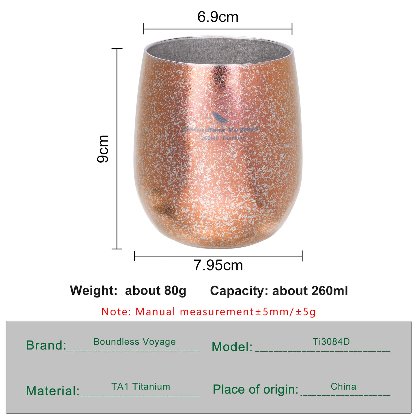 Boundless Voyage 260ML Titanium Double-Walled Egg Shaped Cup, Ice Crystal High-Temp Crystalline Texture Insulated Tea Coffee Mug, Ultralight Portable Drinkware for Camping, Travel & Daily Home Use Ti3084D