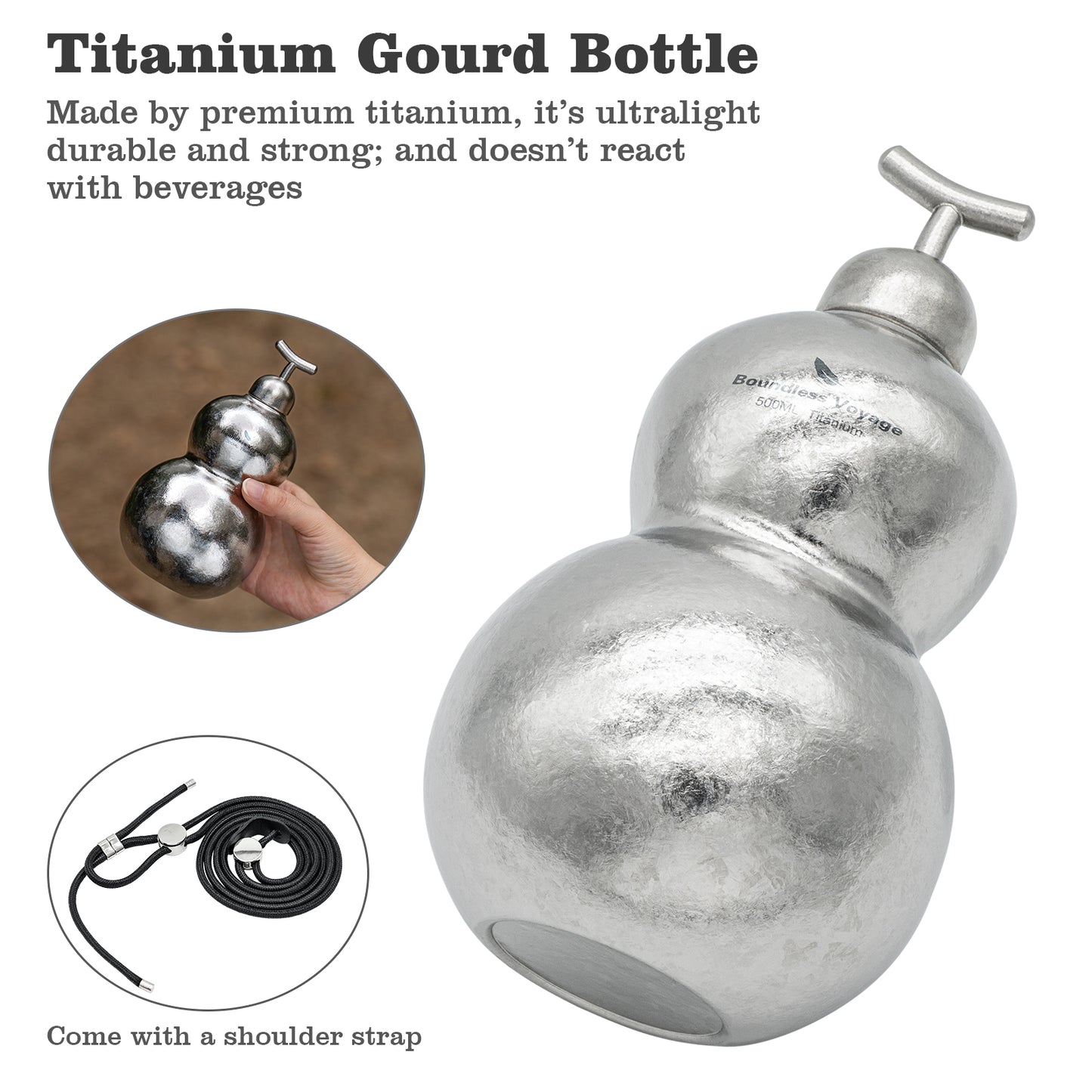 Boundless Voyage Titanium Crystallized Gourd Bottle 500ml Whiskey Alcohol Drink ware for Outdoor Camping Hiking Ti3270D