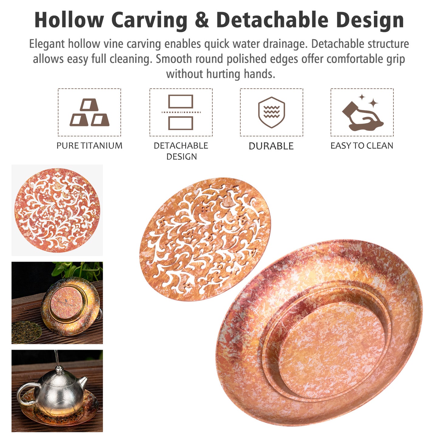 Boundless Voyage Titanium Tea Tray, Hollow Out Detachable Heat Insulation Anti-scald, Multipurpose Water Storage Drain Tray for Kung Fu Tea Home Kitchen Office Camping Ti3201D