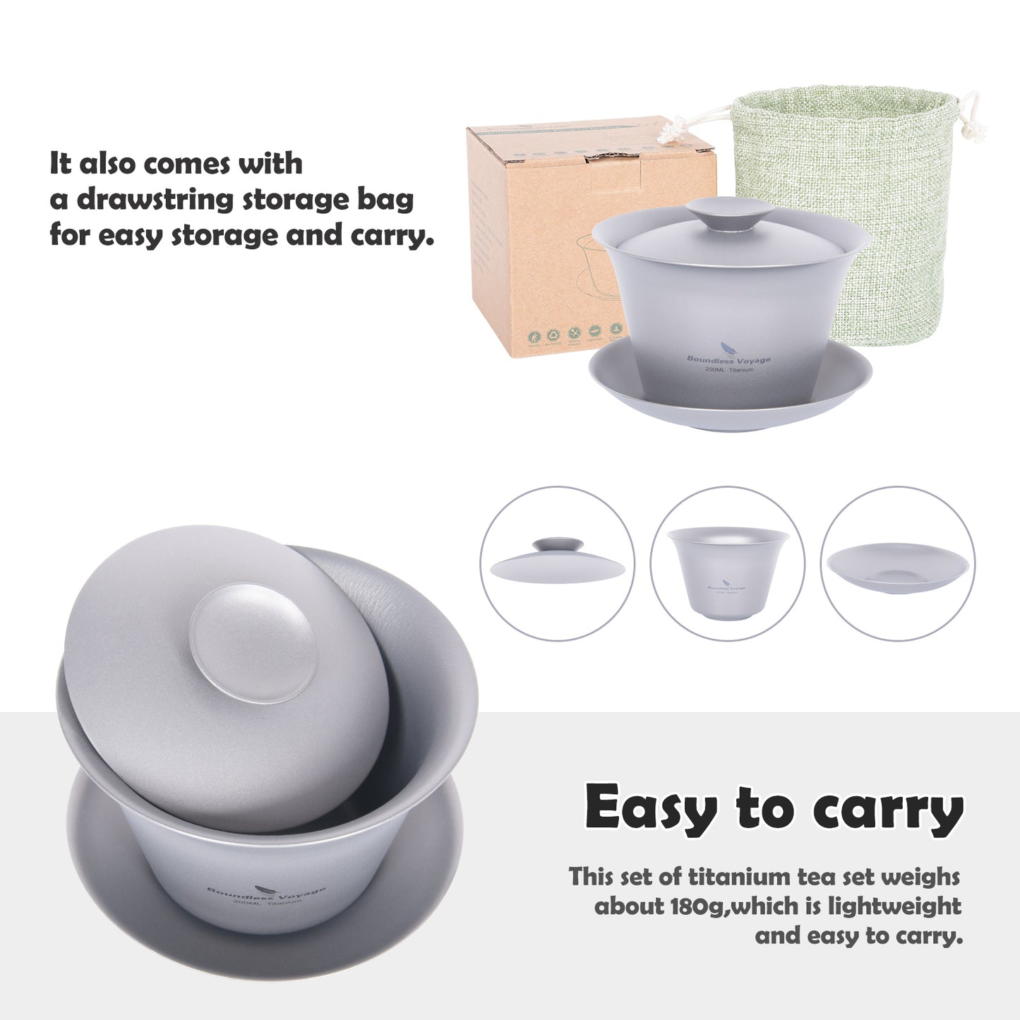 Boundless Voyage Double Walled Titanium Gaiwan, Traditional Chinese Kung Fu Tea Bowl with Lid & Saucer, Ultralight Durable Portable Tea Set for Home Tea Ceremony & Outdoor Camping Ti3123D-Ti3124D
