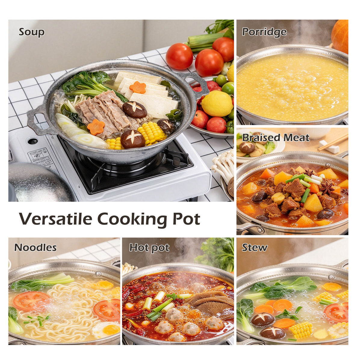 Versatile cooking methods including soup, hot pot, stew, and porridge in titanium pot