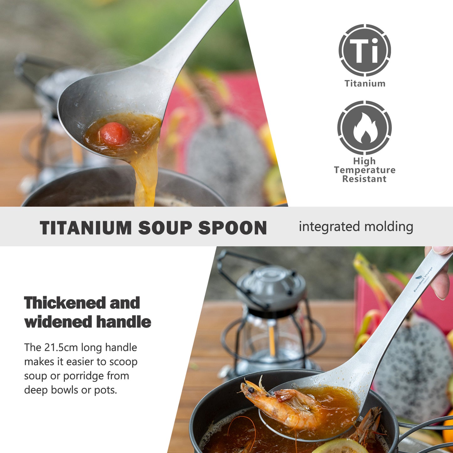 Boundless Voyage Thickened Pure Titanium Long Handle Ladle | Deep Bowl Soup Scoop for Porridge, Stew & Sauce, Kitchen & Camping Cooking Utensil Ti1038T