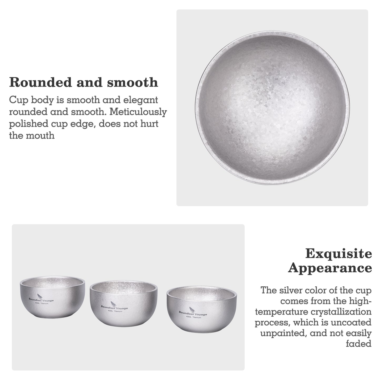 Boundless Voyage 40ml High-Temp Crystalline Finish Double-Wall Titanium Sake Cup & Kung Fu Tea Cup, Portable Mini Mug for Camping, Picnic & Daily Home Use Ti3204D