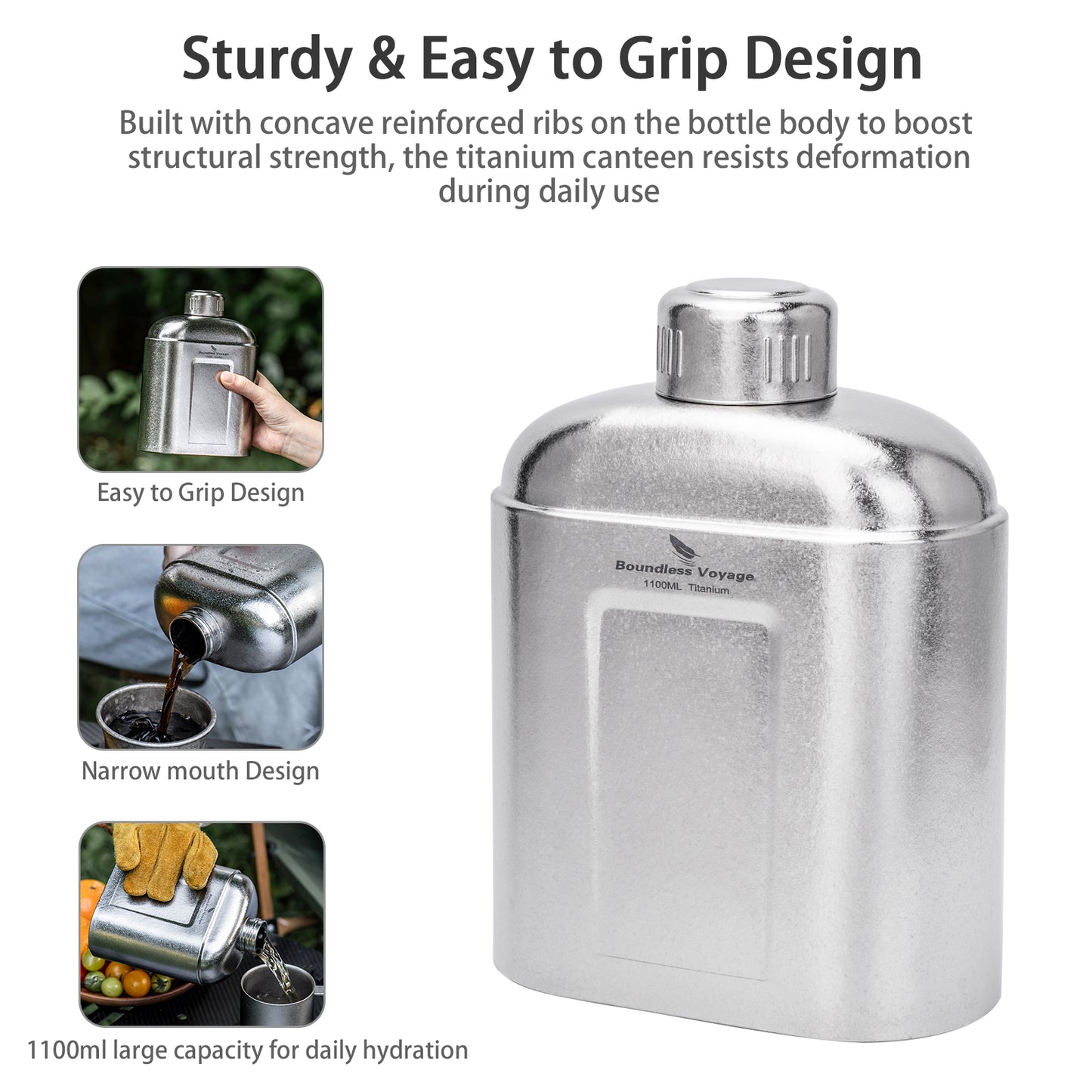 Boundless Voyage 1100ml TA1 Pure Titanium Canteen Bottle | Single Layer Open Flame Heatable Water Flask, Leakproof Double Wall Lid Military Outdoor Bottle with Crossbody Sleeve Ti3012D