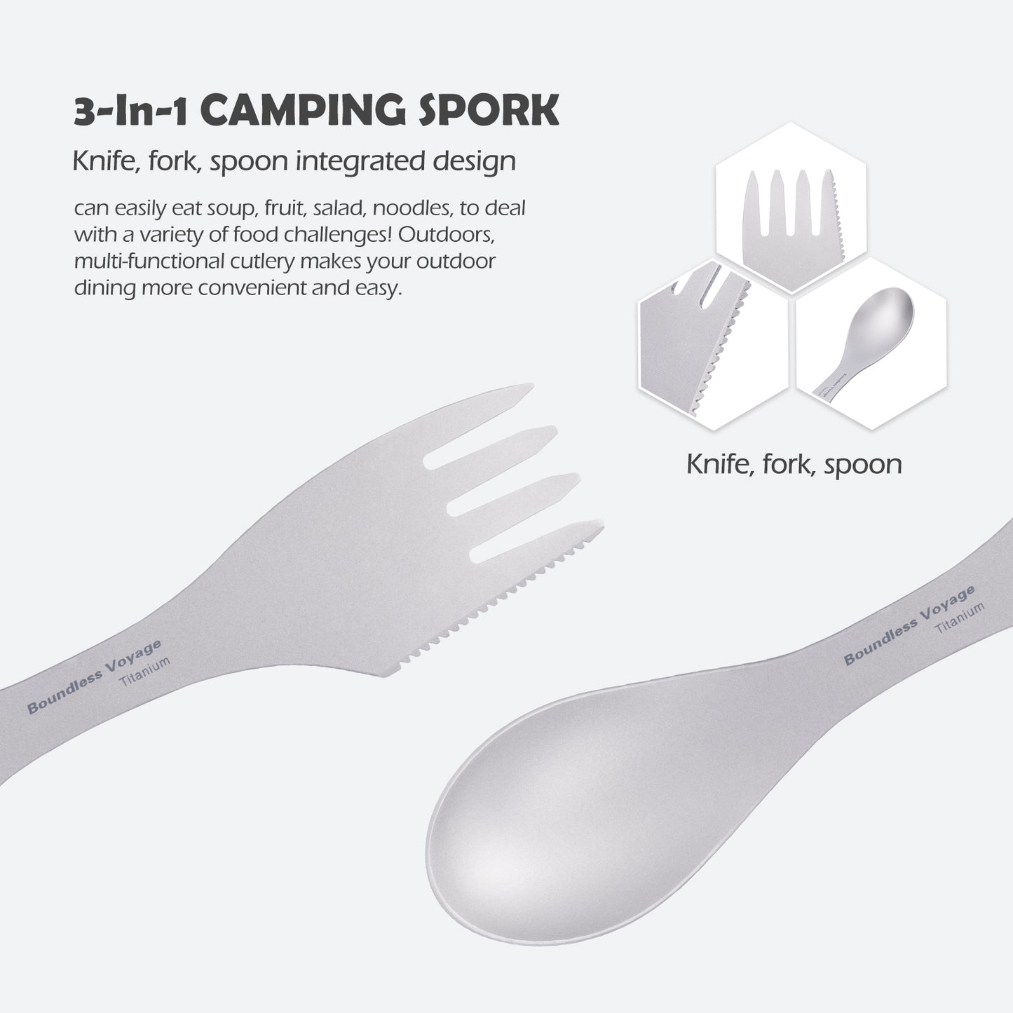 Boundless Voyage Titanium Spork 3-in-1 Fork, Spoon, Knife Cutlery Combo Ultra Lightweight Camping Utensil Ti1064T