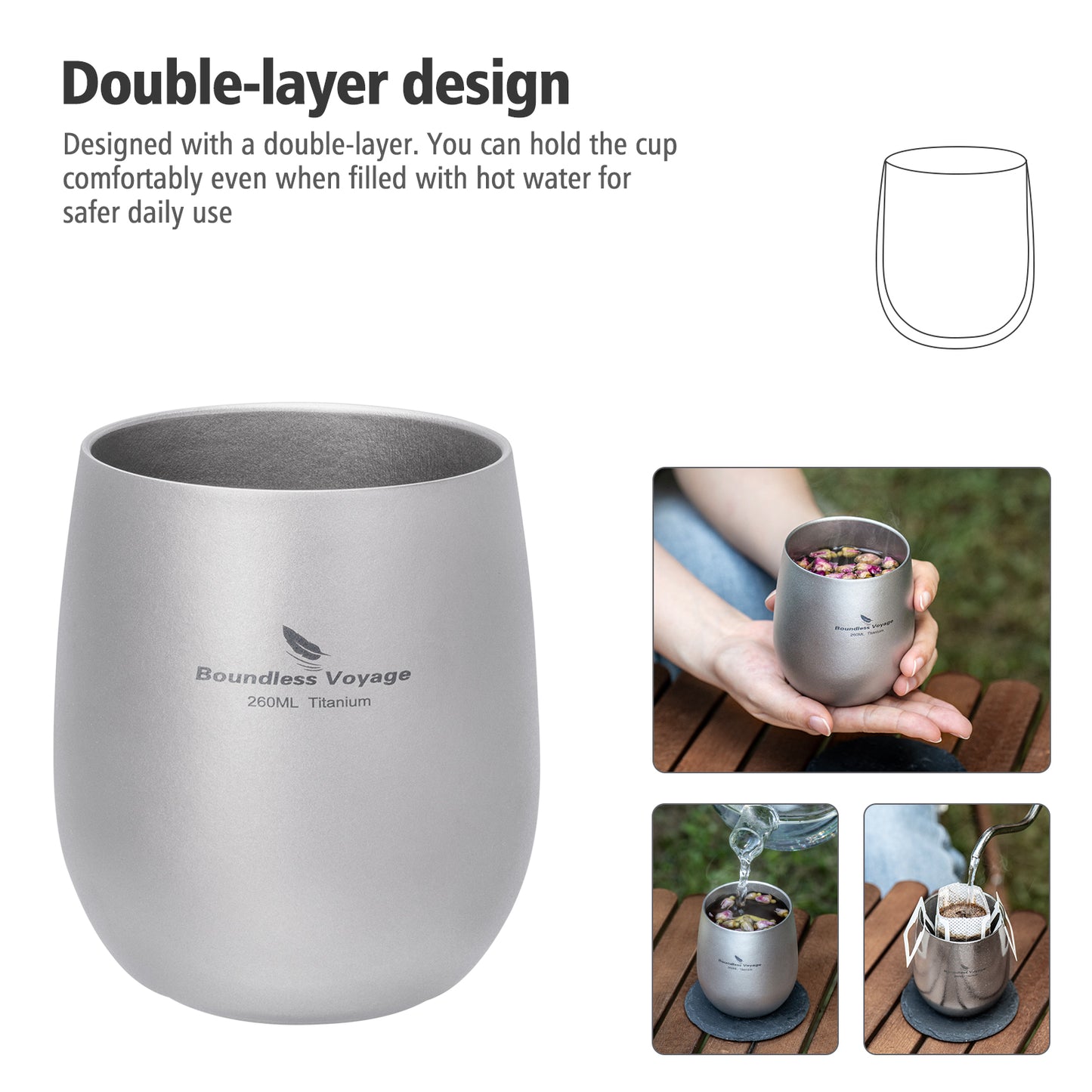 Boundless Voyage 260ML Titanium Double-Walled Egg Shaped Cup, Ice Crystal High-Temp Crystalline Texture Insulated Tea Coffee Mug, Ultralight Portable Drinkware for Camping, Travel & Daily Home Use Ti3084D