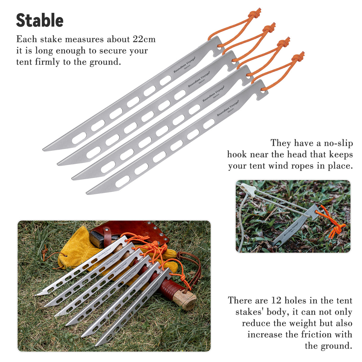 Boundless Voyage 22cm V-Shape Titanium Tent Stakes with 12-Hole Design, Ultralight Heavy Duty Ground Pegs for Camping Hiking Awning, 8Pcs Ti4011P