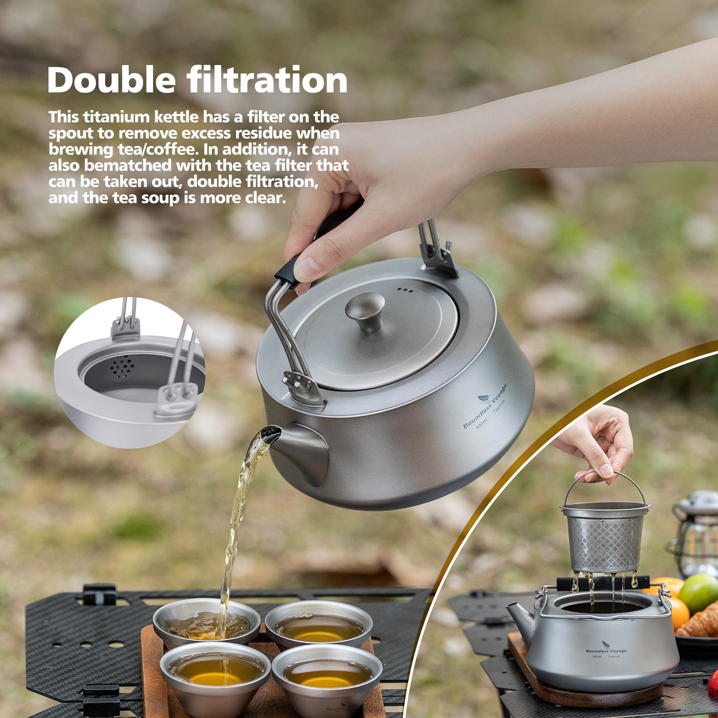 Boundless Voyage 800ml Pure Titanium Kettle with Filter & Foldable Handle, Ultralight Camping Teapot Ti3093D