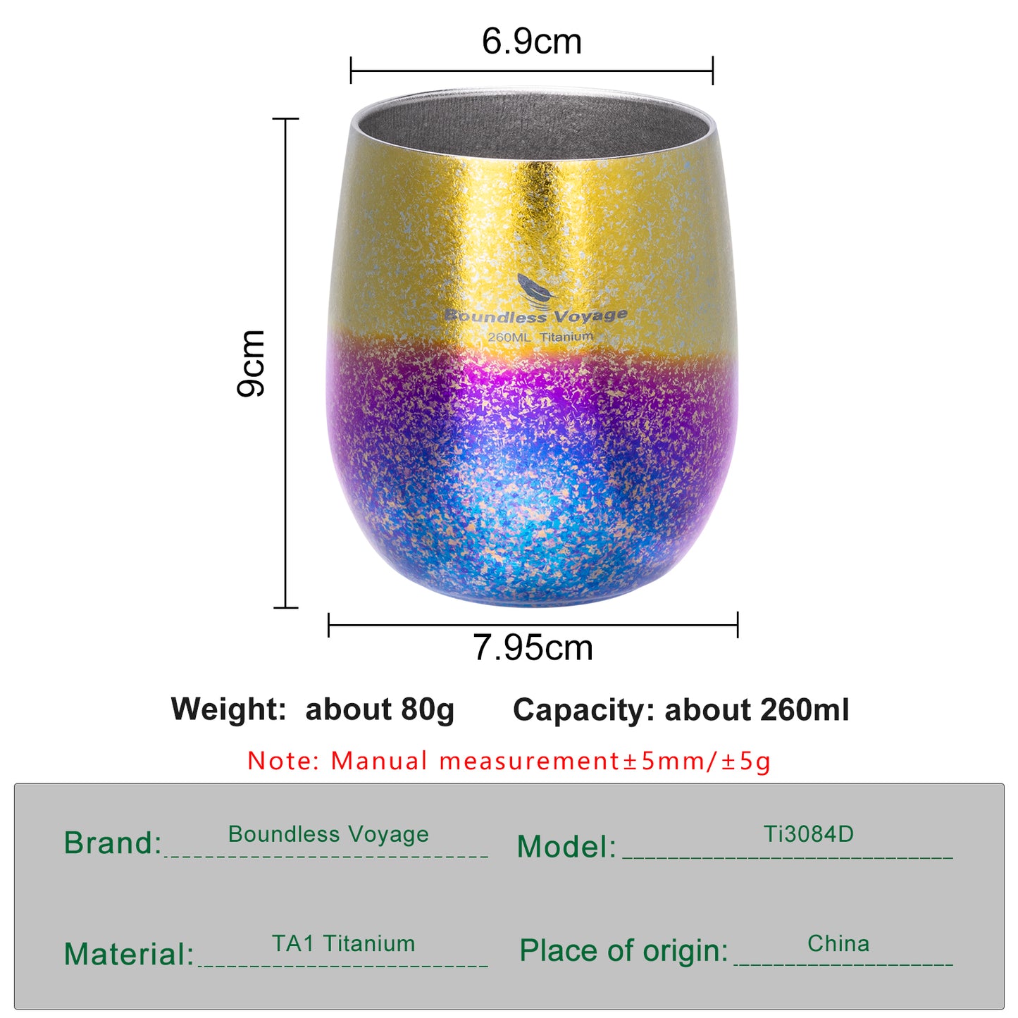 Boundless Voyage 260ML Titanium Double-Walled Egg Shaped Cup, Ice Crystal High-Temp Crystalline Texture Insulated Tea Coffee Mug, Ultralight Portable Drinkware for Camping, Travel & Daily Home Use Ti3084D