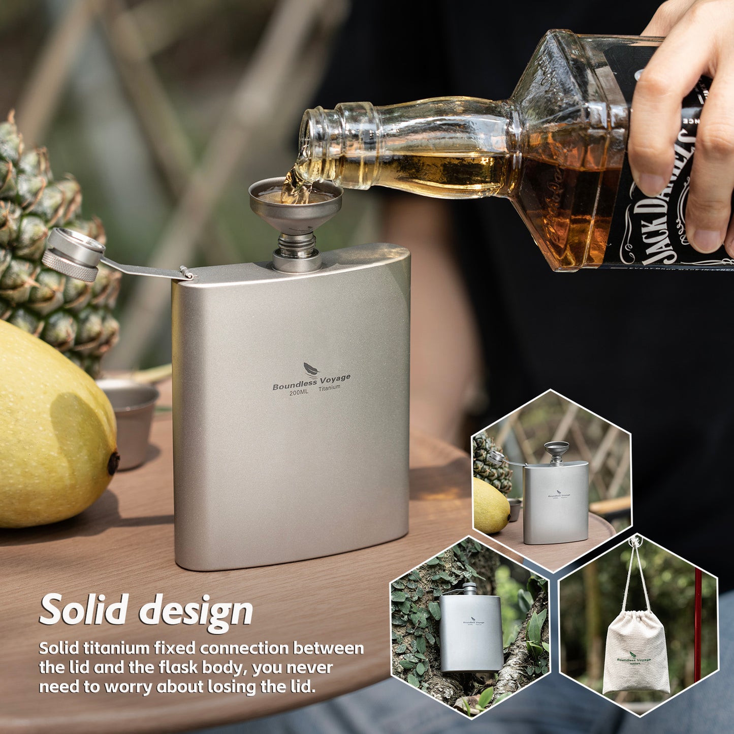 Boundless Voyage Titanium Ultralight Hip Flask 200ml Portable Wine Bottle with Funnel Camping Picnic Pocket Whiskey Alcohol Drinkware Accessories Ti3061D-Ti3062D