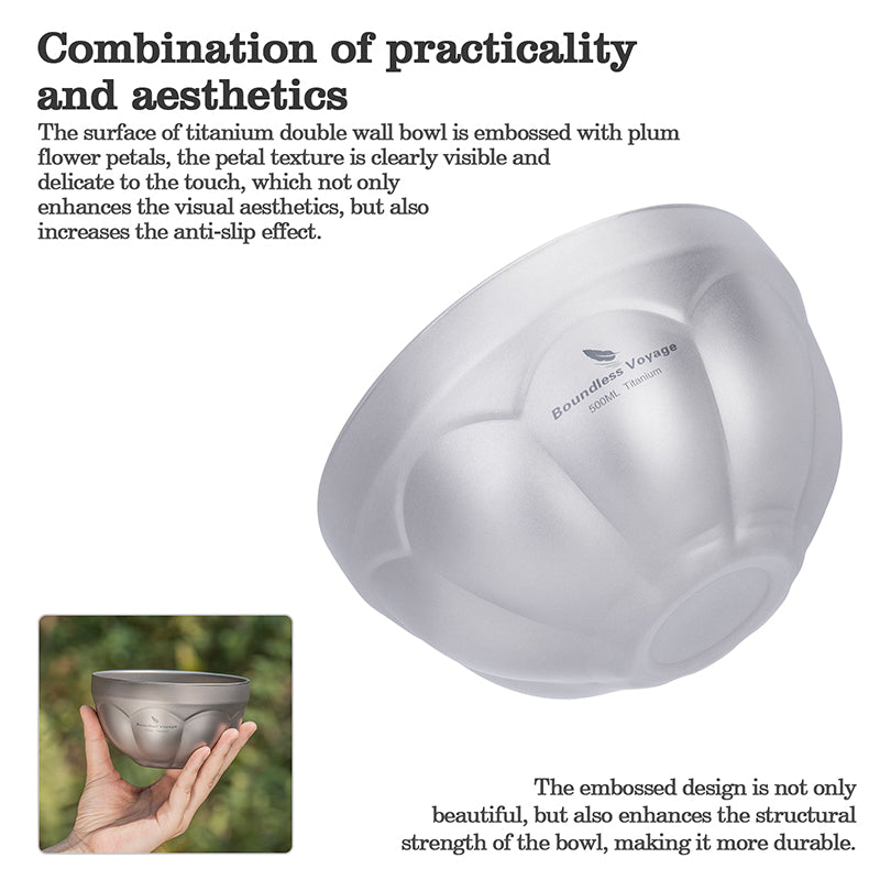 Boundless Voyage 500ml / 800ml Titanium Double Walled Bowl Rice Soup Oatmeal Yogurt Serving Bowl Ultralight Outdoor Camping Travel Durable Portable Tableware