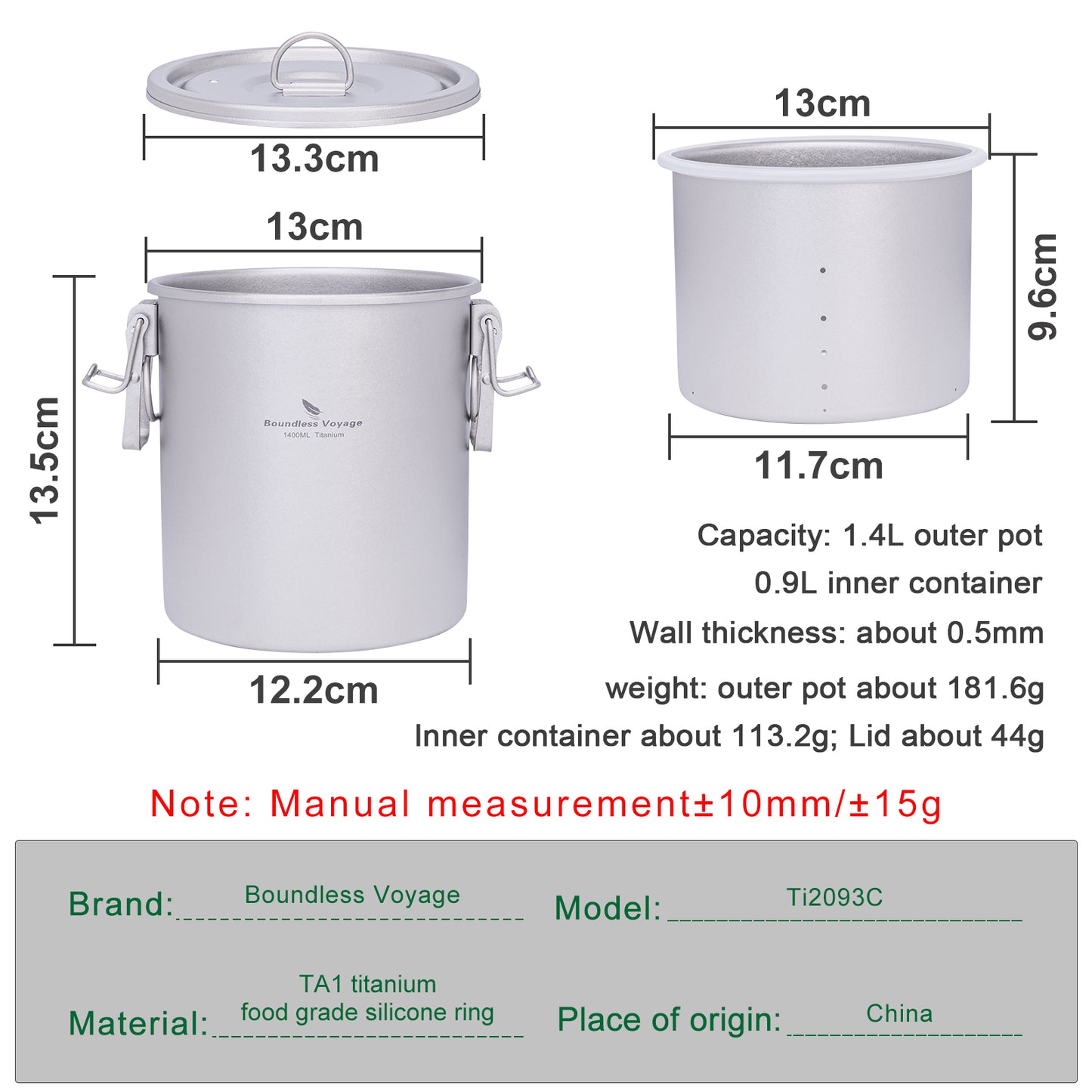 Boundless Voyage Crystalline Finish Ultralight Titanium Camping Rice Cooker Pot, 1.4L Outer Pot with 0.9L Inner Container, Portable Cookware for Hiking, Travel & Outdoor Camping Ti2093C