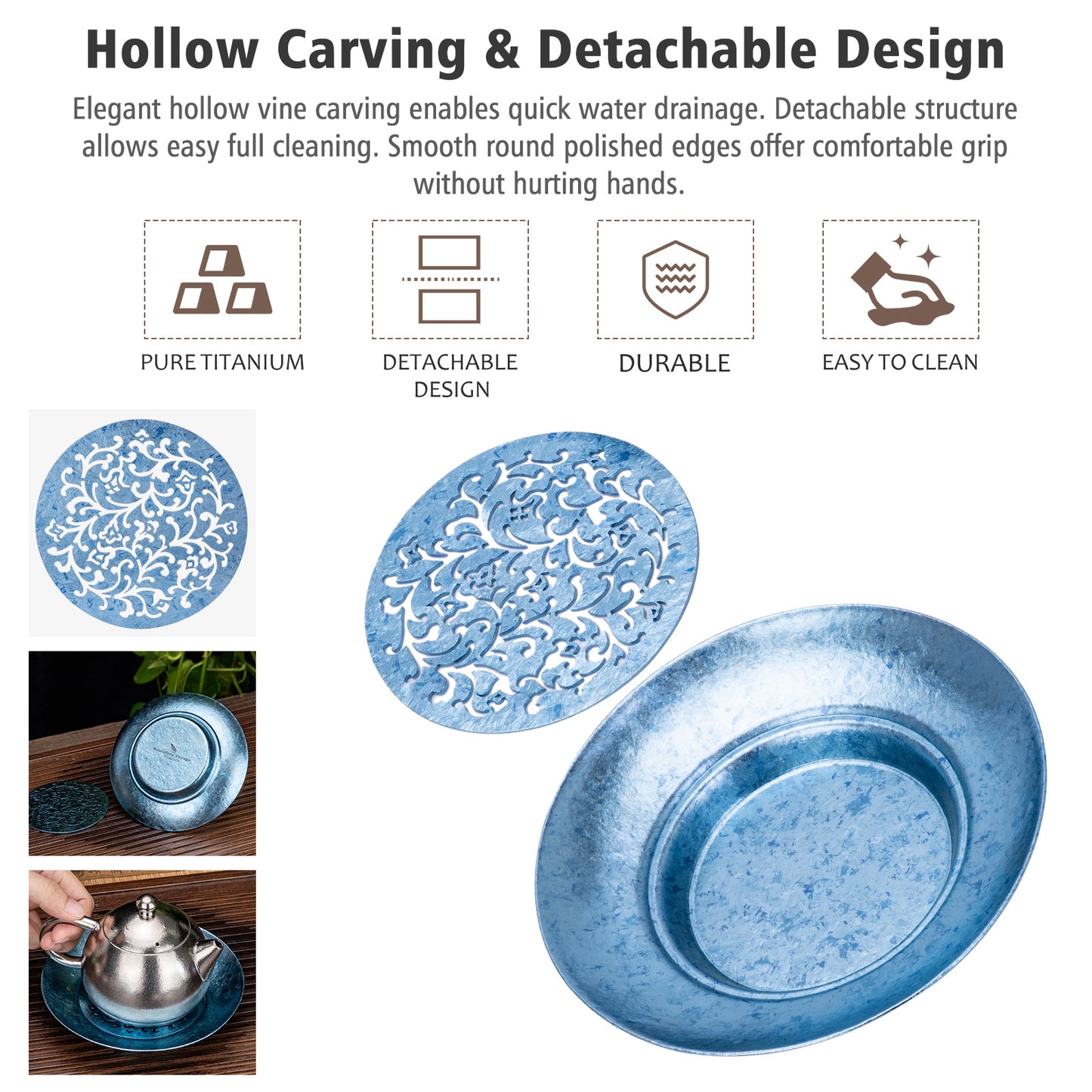 Boundless Voyage Titanium Tea Tray, Hollow Out Detachable Heat Insulation Anti-scald, Multipurpose Water Storage Drain Tray for Kung Fu Tea Home Kitchen Office Camping Ti3201D