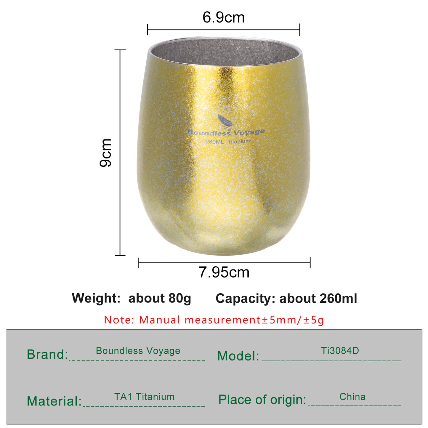 Boundless Voyage 260ML Titanium Double-Walled Egg Shaped Cup, Ice Crystal High-Temp Crystalline Texture Insulated Tea Coffee Mug, Ultralight Portable Drinkware for Camping, Travel & Daily Home Use Ti3084D