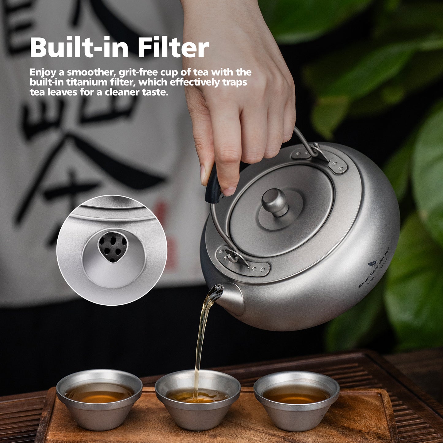 Boundless Voyage 600ml Compact Pure Titanium Camping Kettle | Durable Lightweight Teapot with Foldable Handle & Built-In Filter for Backpacking, Hiking, Coffee and Tea Ti3105D