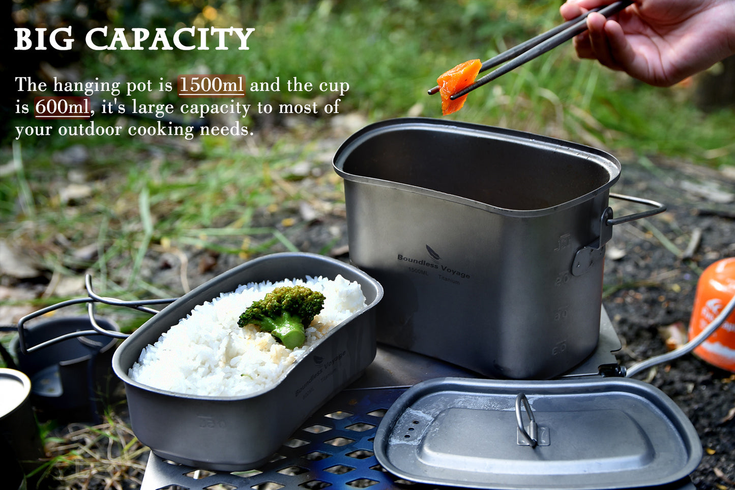 Boundless Voyage Titanium Hanging Cookware Set, 1500ml Pot + 600ml Cup with Lid & Foldable Handles, Ultralight Portable Outdoor Camping Mess Kit Ti2059C