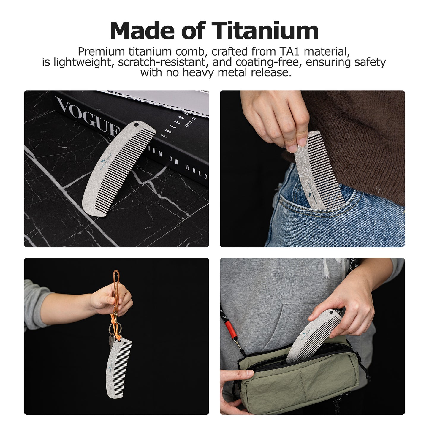 Boundless Voyage Titanium Crescent Comb, Unisex Hair & Beard Styling Comb for Daily Home Use and Travel Carry Ti9011B