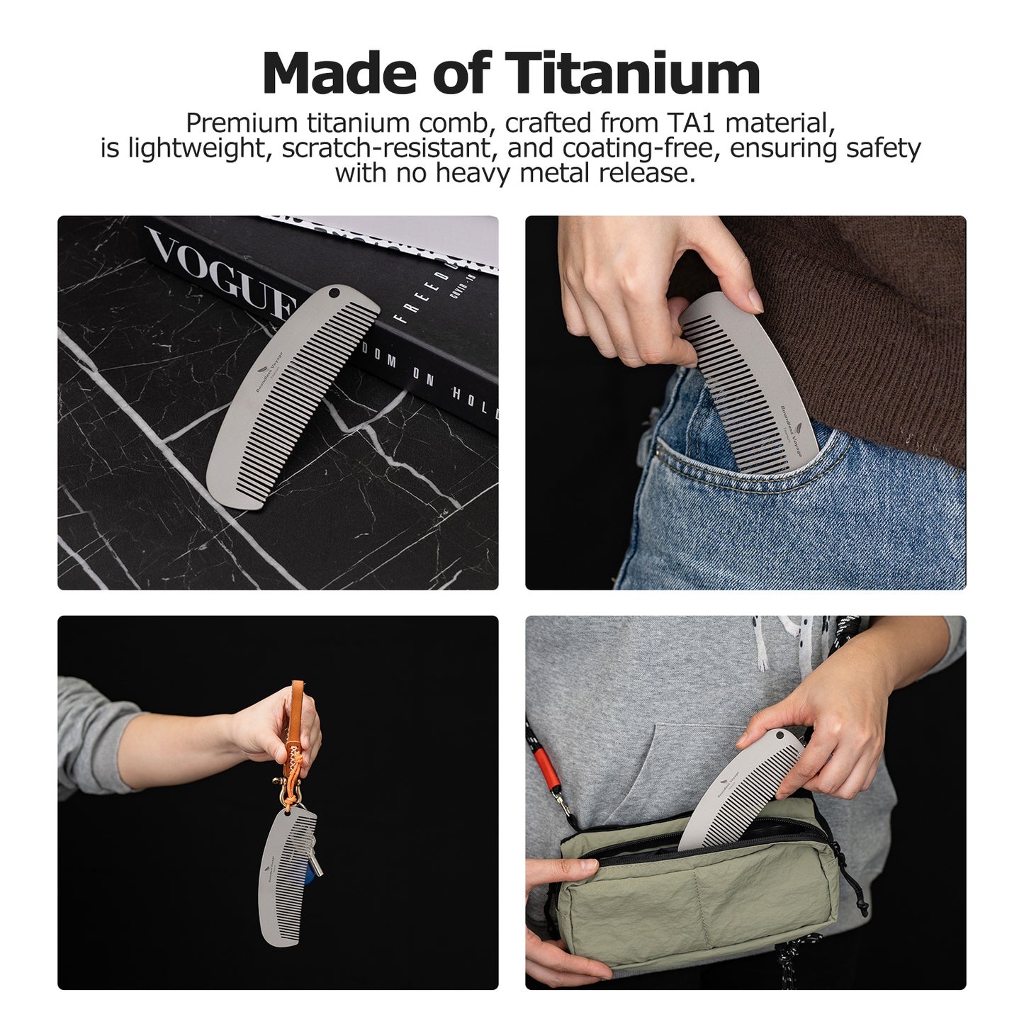 Boundless Voyage Titanium Crescent Comb, Unisex Hair & Beard Styling Comb for Daily Home Use and Travel Carry Ti9011B