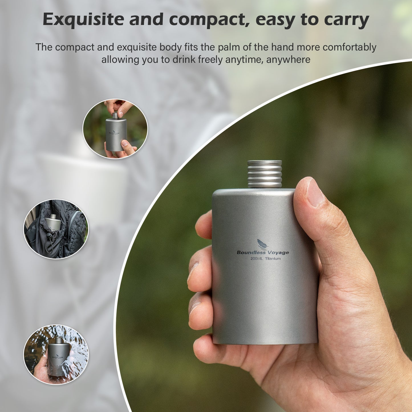 Boundless Voyage Titanium Hip Flask Pocket Flagon Camping Portable Alcohol Bottle Drink Sports Water Bottle 200ml/6.7oz-Ti3068D