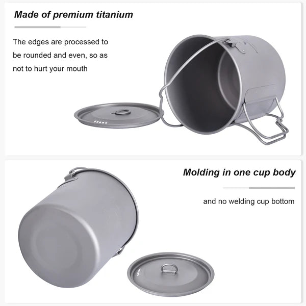 Boundless Voyage 1100ml Pure Titanium Hanging Pot with Lid | 37oz Ultralight Single-Wall Bushcraft Cookpot with Bail & Foldable Handle, Compatible with Open Fire & Camping Stove Ti3041D