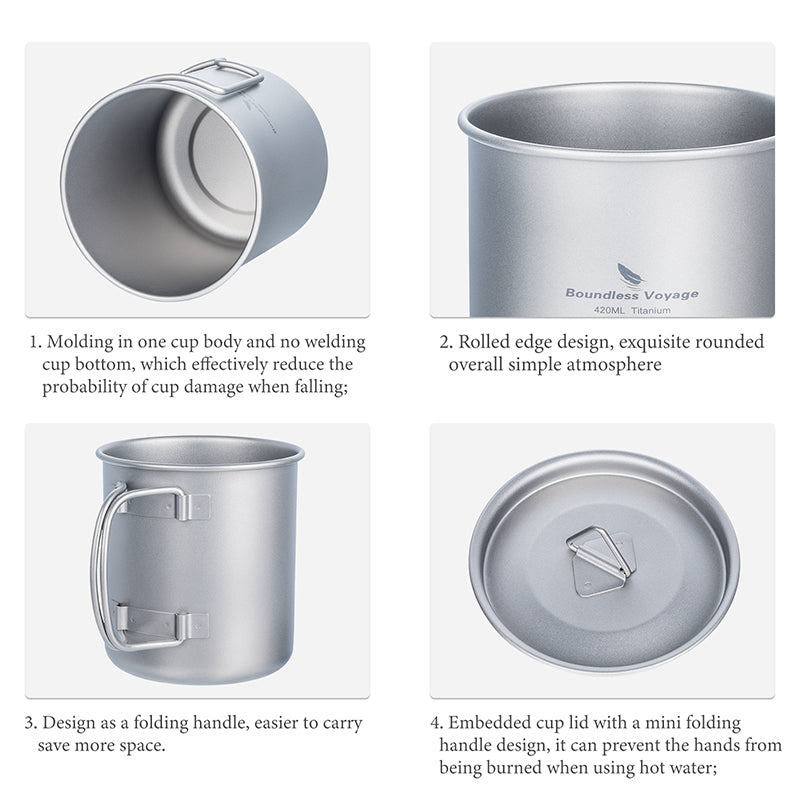 Boundless Voyage Titanium Cup with Lid Camping Tableware for 1 person 420ML
