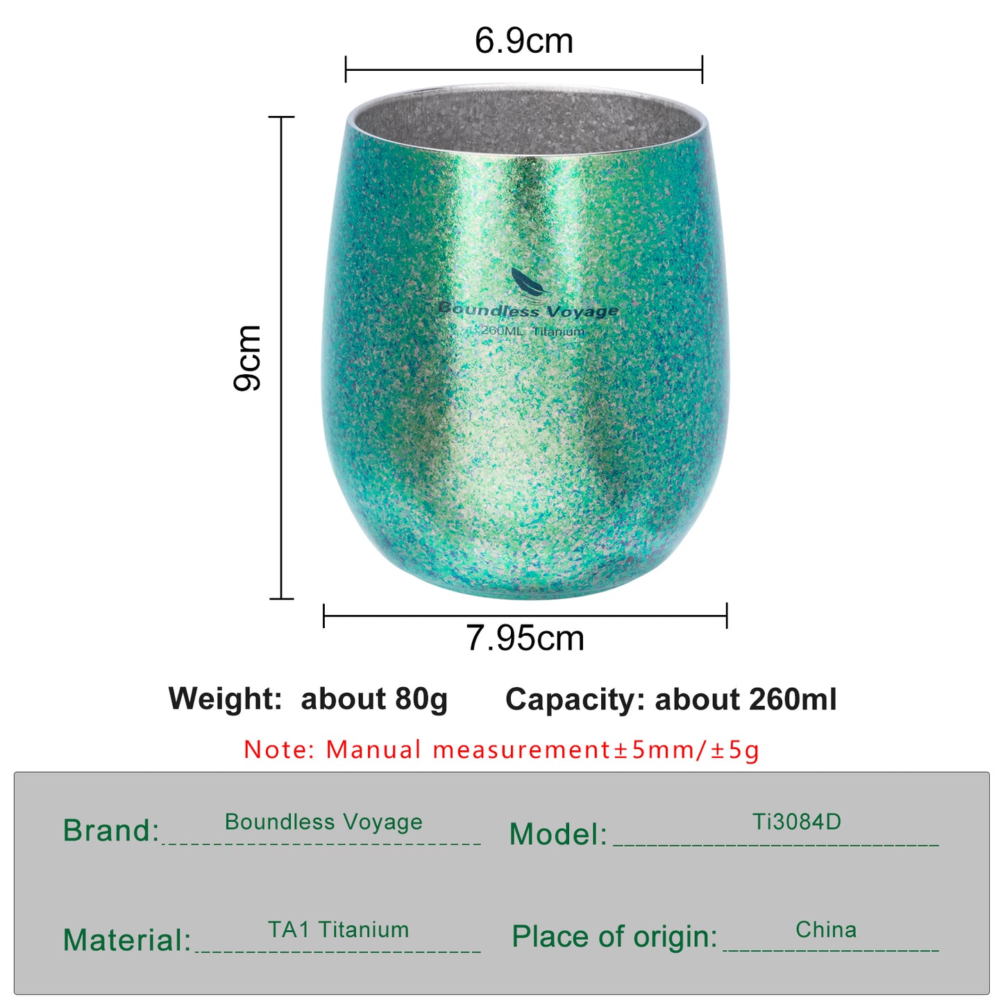 Boundless Voyage 260ML Titanium Double-Walled Egg Shaped Cup, Ice Crystal High-Temp Crystalline Texture Insulated Tea Coffee Mug, Ultralight Portable Drinkware for Camping, Travel & Daily Home Use Ti3084D