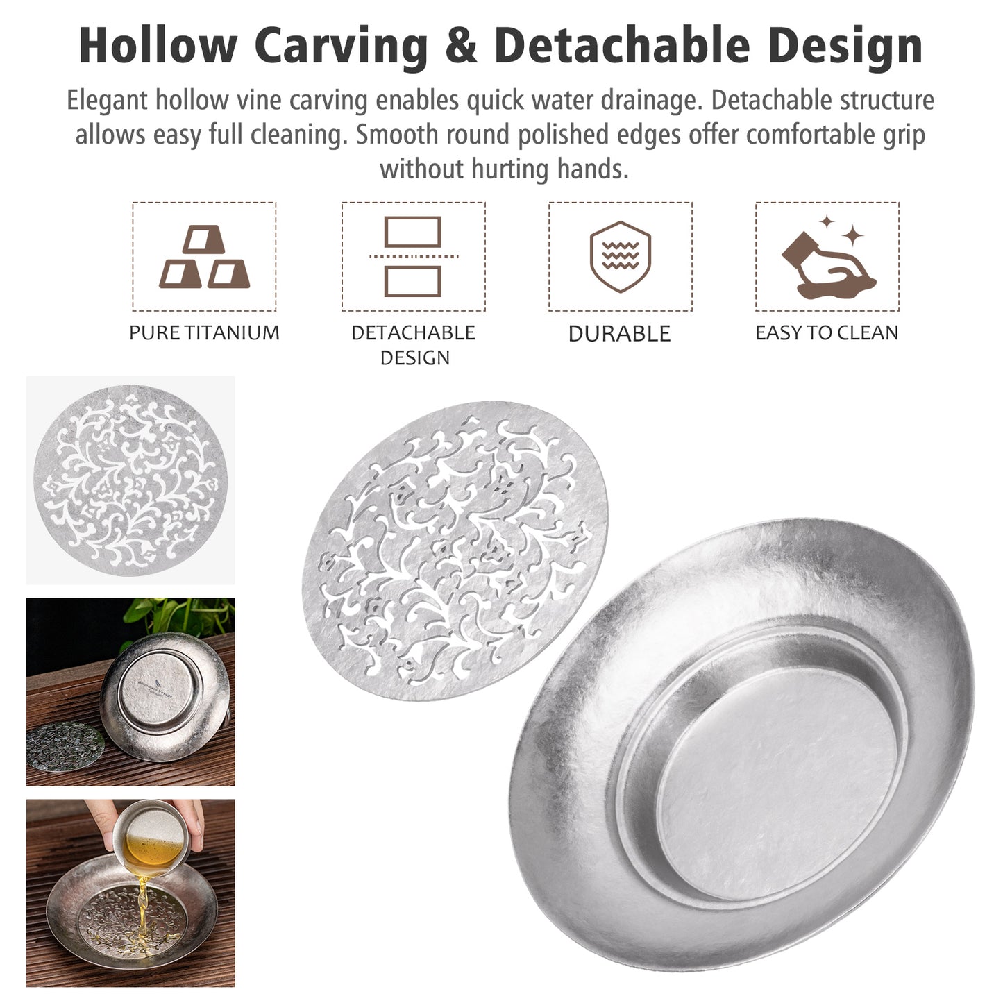 Boundless Voyage Titanium Tea Tray, Hollow Out Detachable Heat Insulation Anti-scald, Multipurpose Water Storage Drain Tray for Kung Fu Tea Home Kitchen Office Camping Ti3201D