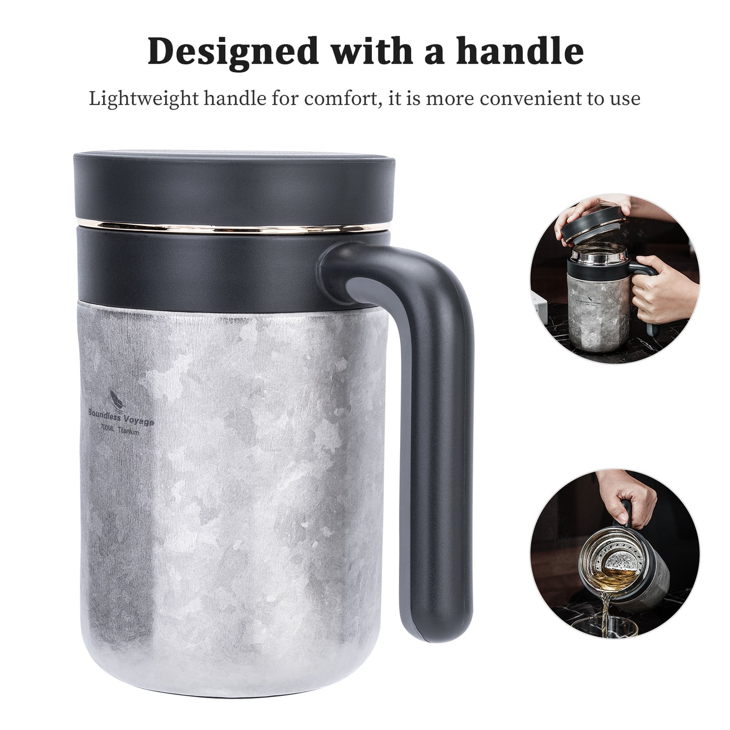 Boundless Voyage 700ml Pure Titanium Double Wall Insulated Cup with Lid & Coffee Filter, Portable Reusable Travel Mug, Keeps Hot & Cold Drinks Ti3237D