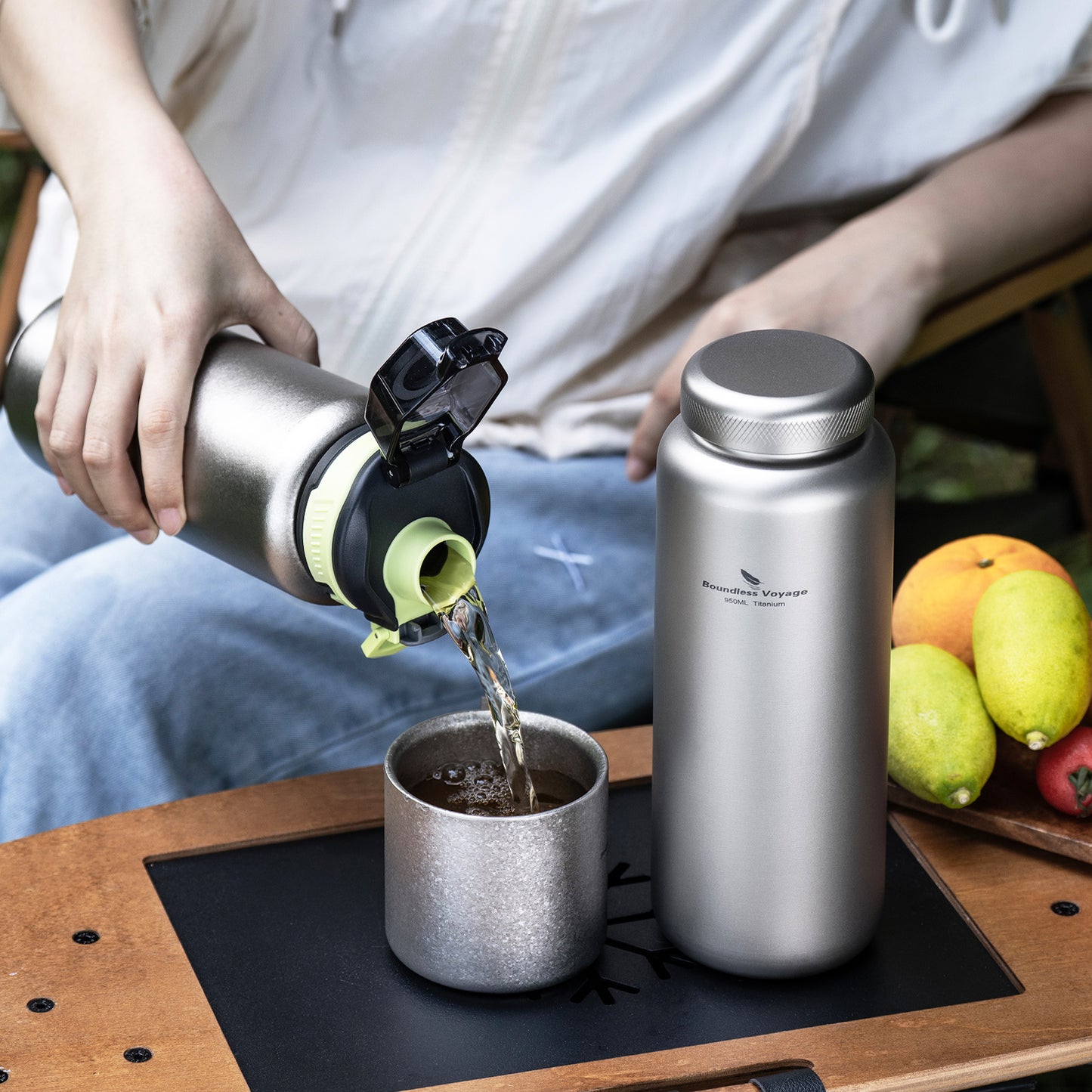 Boundless Voyage 950ml Titanium Water Bottle with Dual Lids, Wide Mouth Single-Wall Canteen for Hiking Camping Sport Ti3018D