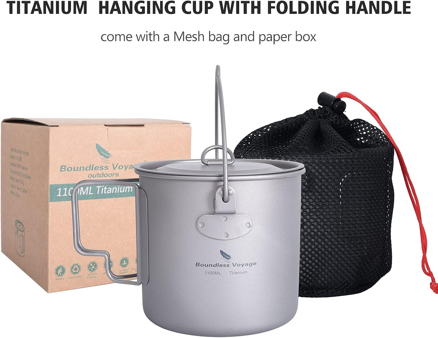 Boundless Voyage 1100ml Titanium Pot with Lid, Foldable Bail Handle Camping Cook Pot for Hiking Backpacking Ti3041D